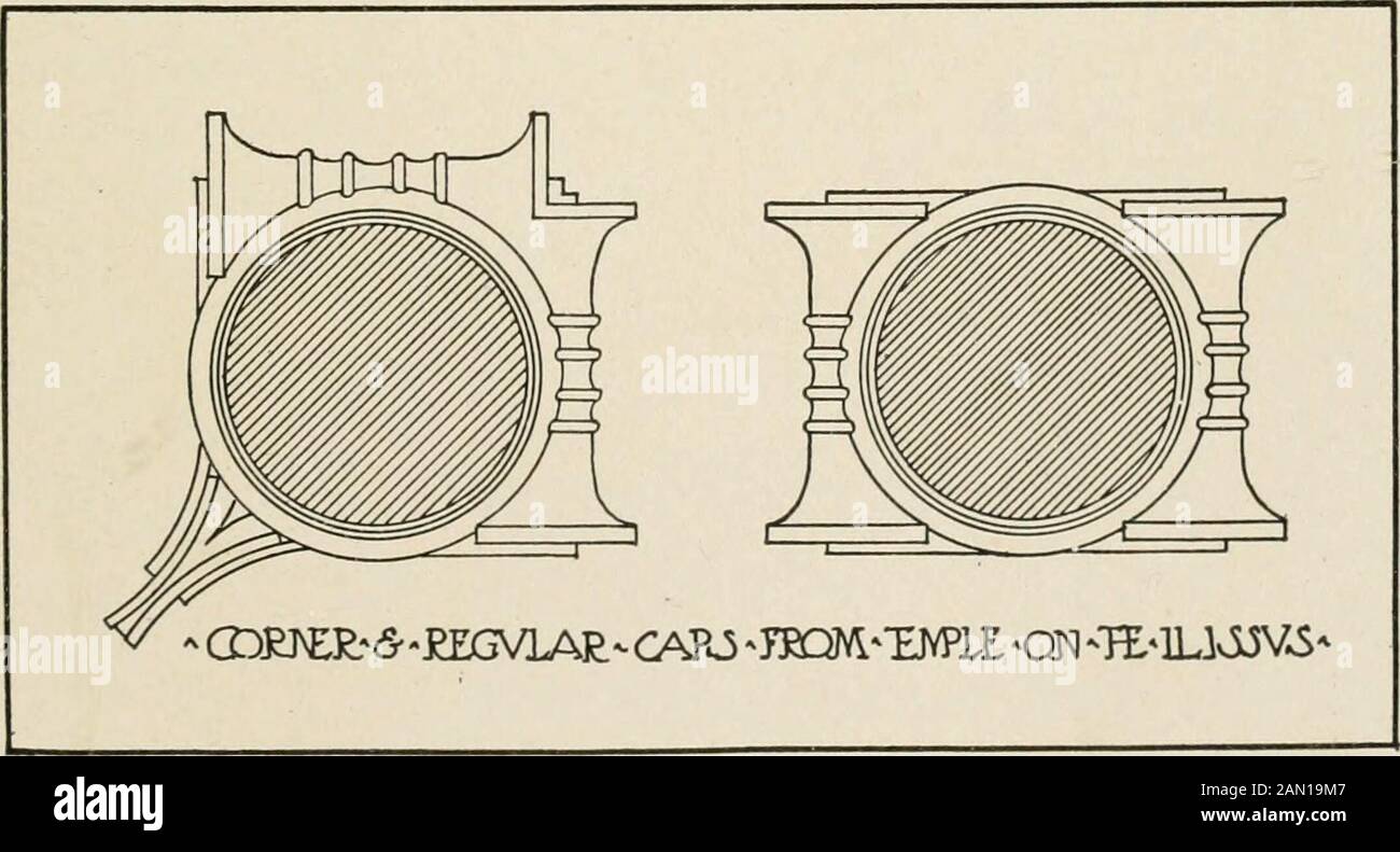 Cyclopedia di architettura, carpenteria e costruzione : un lavoro generale di riferimento . ^EMPlE-OFV^vJOiio-PHlGMiA -BVPlE^QN-H^LLL^VvSAro^is- Fig. 62. Esempio.s di Capitello Dorico d'angolo. (Sezione che guarda in su.) ments. Questo esempio è stato tratto dalla portichetta a quattro colonne del Tempio di Nike Apieros, o la Vittoria senza Wingless, sull'Acropoli di Atene, ed è stato leggermente cambiato dall'originale in un particolare, disegnando nell'occhio voluto del. Fig. 63. Angolo Ionico Tipico E Capitali Regolari. (Sezione che guarda in su.) capitale leggermente verso il centro della colonna da ogni lato, thusdoing via w Foto Stock