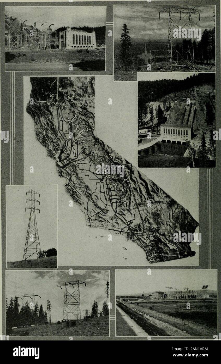 Rivista Pacific Service . Contra Costa Substation, capolinea sud della linea di trasmissione da 220.000 volt Vaca-Dixon. Vista del sistema di trasmissione Pit River da 220.000 volt. Alto a sinistra, Pit River No. Uno powerhouse, capacità installata 93.834 cavalli vapore; alto a destra, torre a circuito singolo con sospensione in-sulators; centro a sinistra, torre a doppio circuito; centro, rete interconnessa di linee di trasmissione di tutte le tensioni, e topografia della California; centro a destra, Pit River No. Tre power house, capacità installata 108.580 cavalli; torre ad angolo a circuito singolo, in basso a sinistra, con estremità morta i Foto Stock