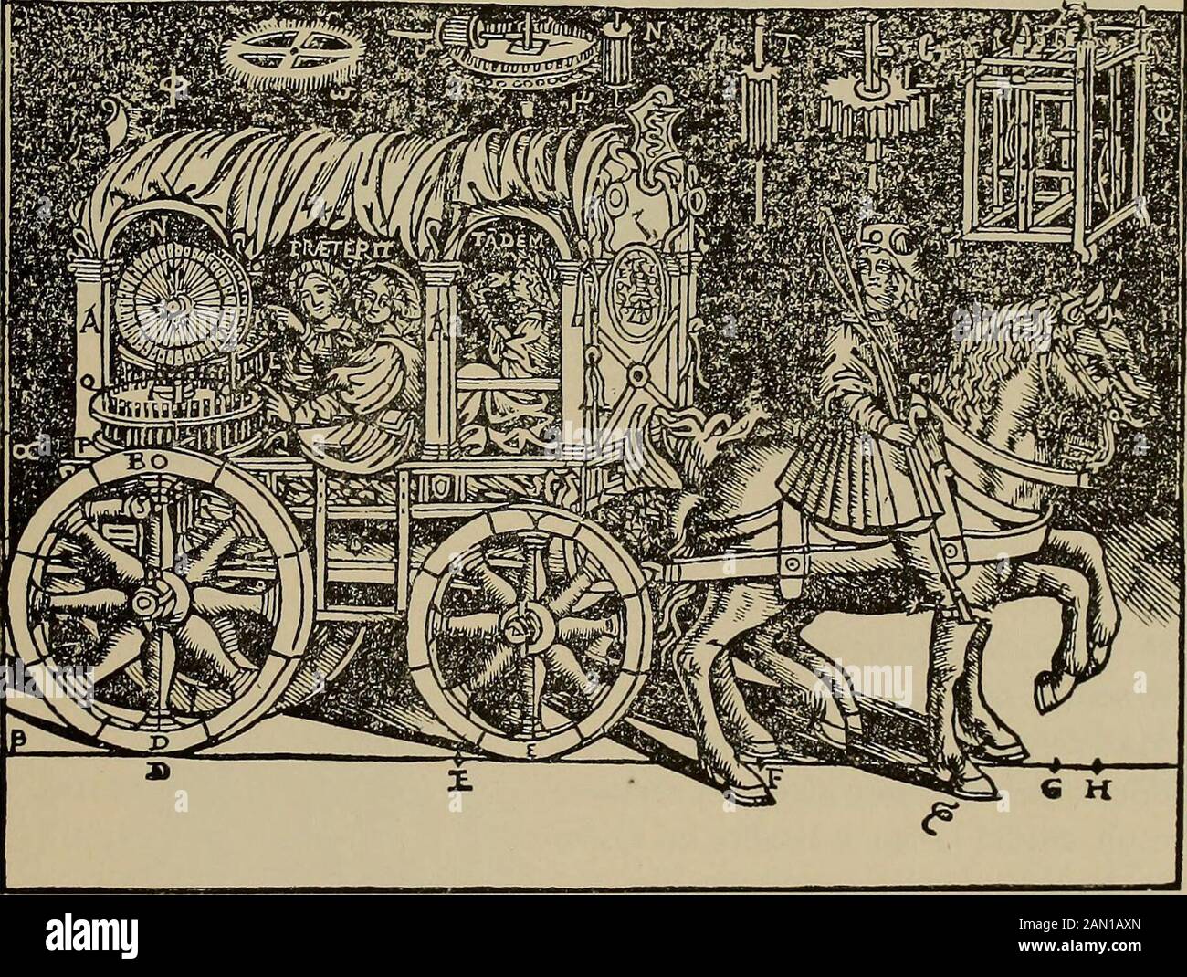 La carrozza nella storia della locomozione . 11 carro romano di fianco (dallArco della Pace a Milano.) « Carruca >> seconddo unantisima miniatura. Nel decimo libro à.éiS^architettura di Lucio Vitruvio Pollione,architetto contemporaneo di Augusto e di Tiberio, è descritta la Redada viaggio romana, con aggiuntovi un meccanismo, fatto di due ruotelaterali ad ingranaggio, trasformanti il movimento e registrati anti ognigiro delle ruote da viaggio, oso a guanti, a guanti, a Guanti, a libro, a de, a de a de, a de Lucio la mi-sura totale della strada percorsa. II Come si capisca, niente di nuovo sotto il sole ; e colore cheviaggia Foto Stock