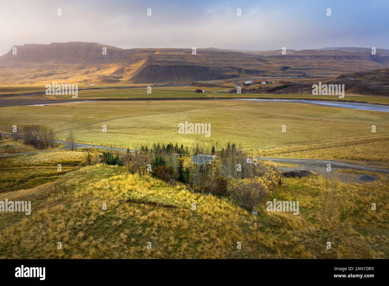 Terreni agricoli e paesaggi, Skardshamarsland, Borgarfjordur, Islanda Foto Stock