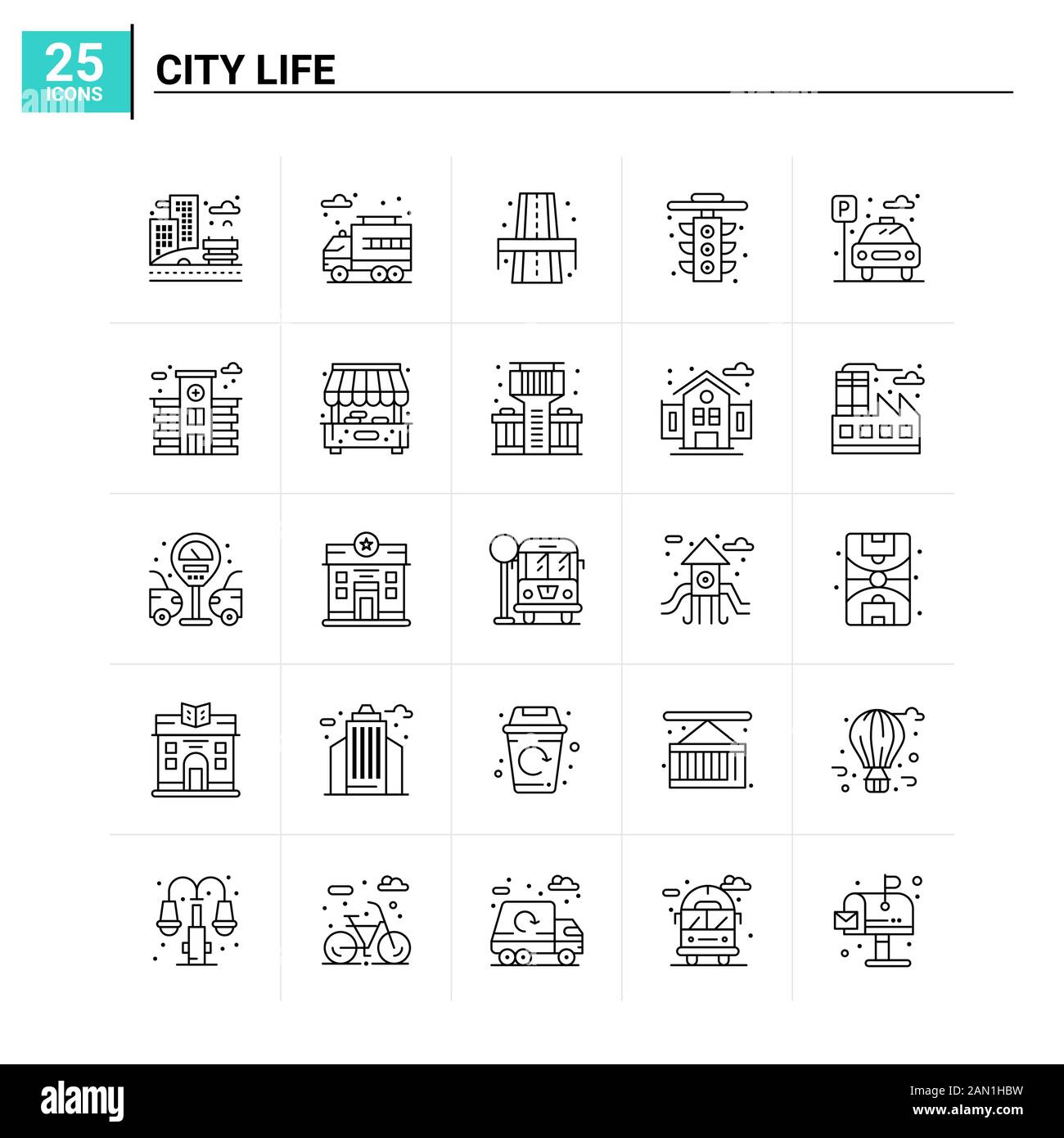 Set di 25 icone City Life. Sfondo vettoriale Illustrazione Vettoriale