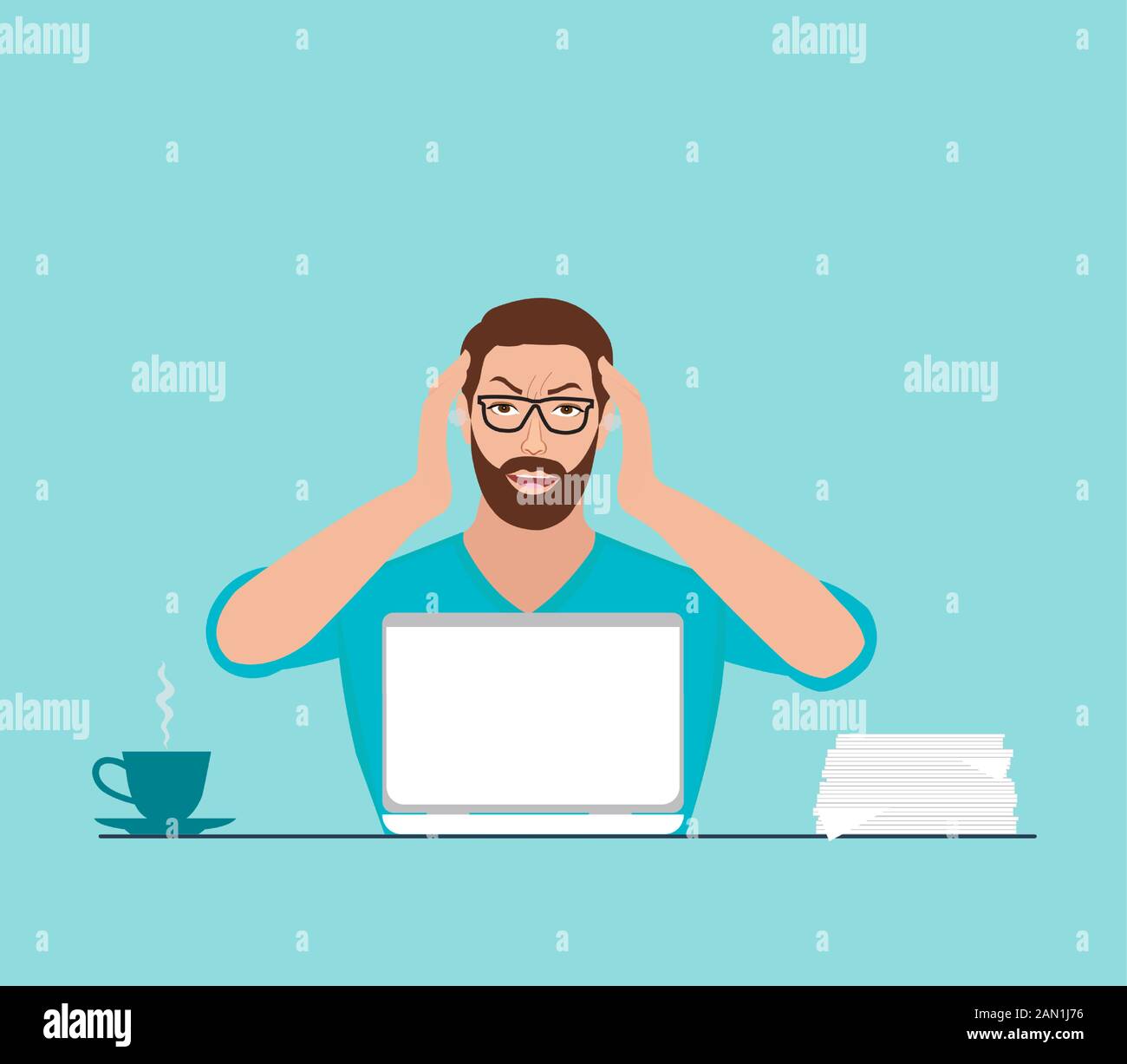 Vettore di un giovane stressato che lavora su un computer portatile Illustrazione Vettoriale