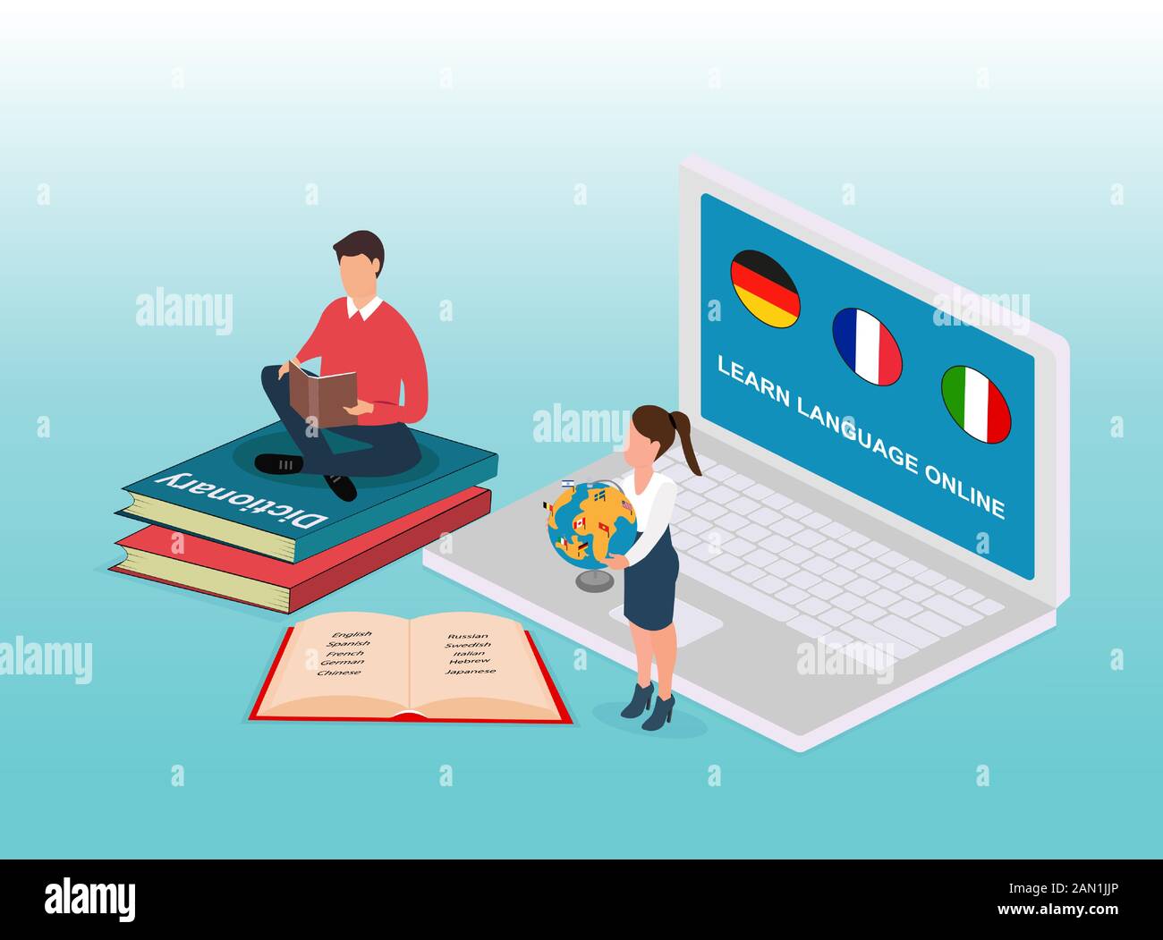 Vettore isometrico del concetto di apprendimento linguistico in linea con il libro di lettura dello studente e usando il coaching dell'insegnante del Internet Illustrazione Vettoriale