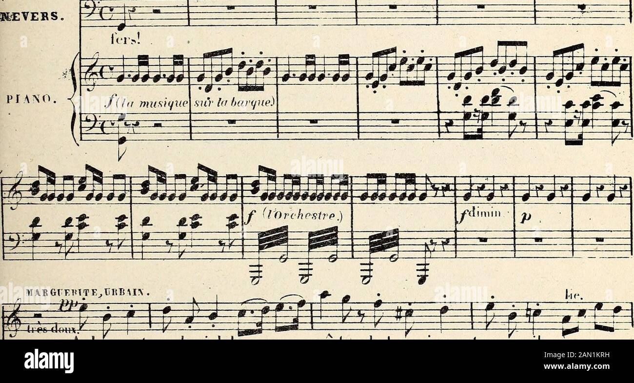 Les Huguenots : opéra en cinq actes . v i=====r=3==a========5==v==£ 3bzV±ZL ==Z=Z * r> ==c=====?==x==! -ô1- *-r+- ¥ * 299 LE CORTEGE DE NOCES. (Choeur Ef HALJ.ET.) Des bohémien* et h ohé mienne s sapprochent de A<?<ers et de làqoyveiïe mariée ^etjoie suivant lusayodu temps, leur offrent des fleurs et des gâteaux. ISevers fait un sige un un de Jises^qui dis-tribubue de  , leur des fairs de fairs. puis sortent un- ins-tant, reviennent avec des flambeaux allumés, et éclairent le cortège quils escortent a droiteet agauche en dansant, leve prend la m Foto Stock