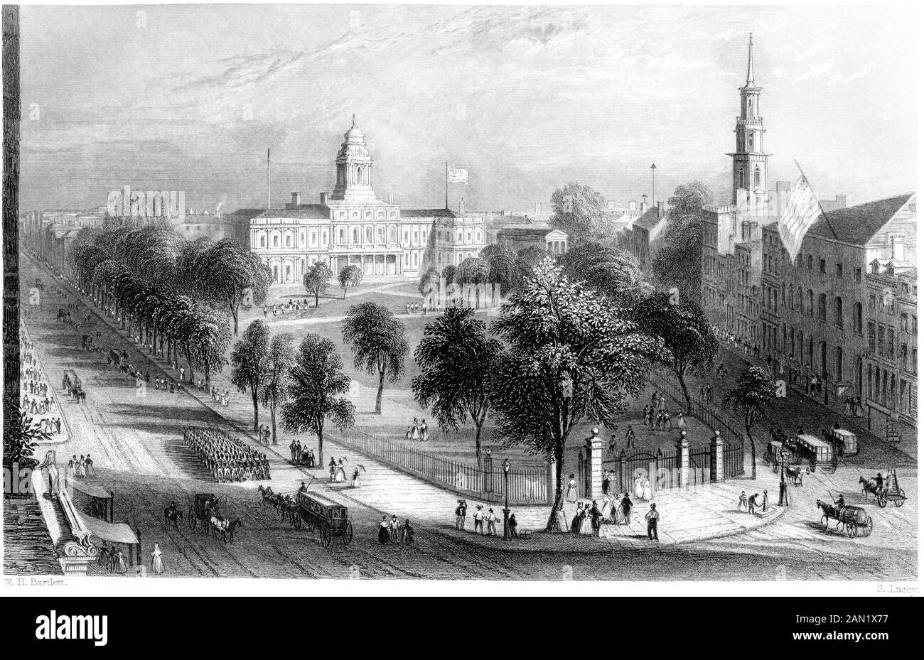 Una incisione del parco e il City Hall di New York scansionati ad alta risoluzione. Da un libro stampato in 1840. Ritiene copyright free. Foto Stock