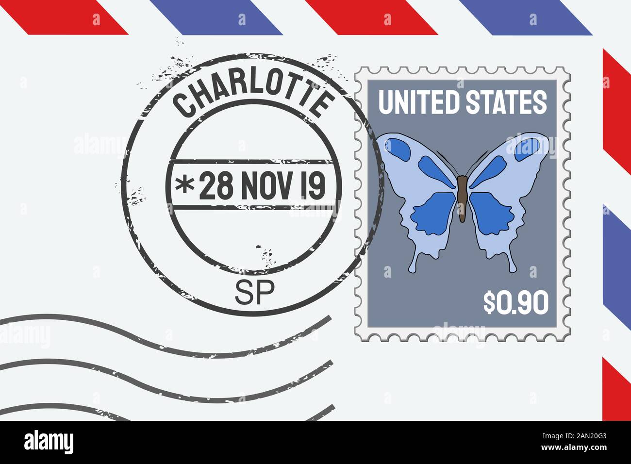 Charlotte francobollo vettore - francobollo americano su una lettera. Illustrazione Vettoriale