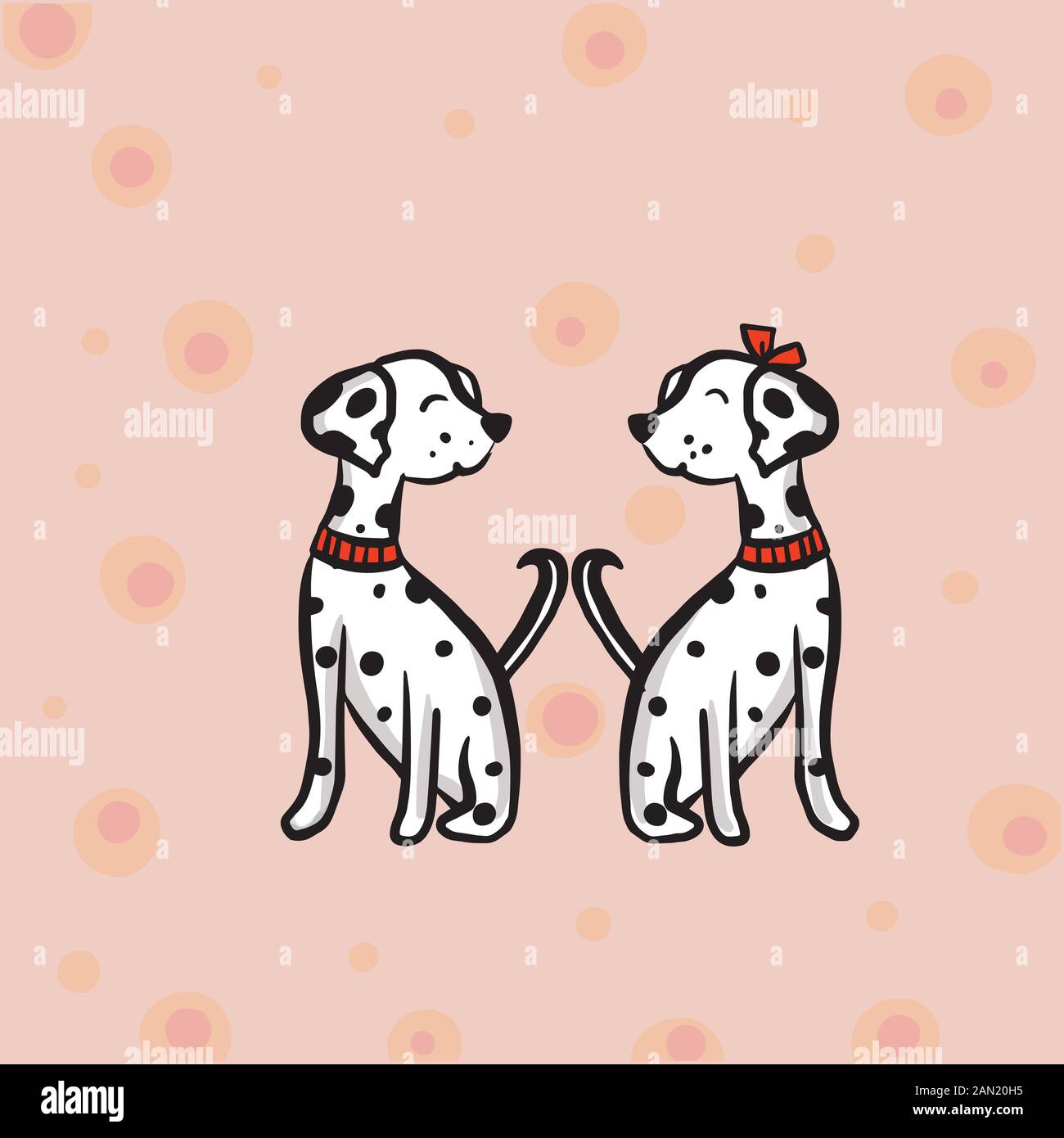 Illustrazione del vettore di colore animali cani dolmatins per San Valentino, coppie innamorate sugli sfondi. Illustrazione Vettoriale