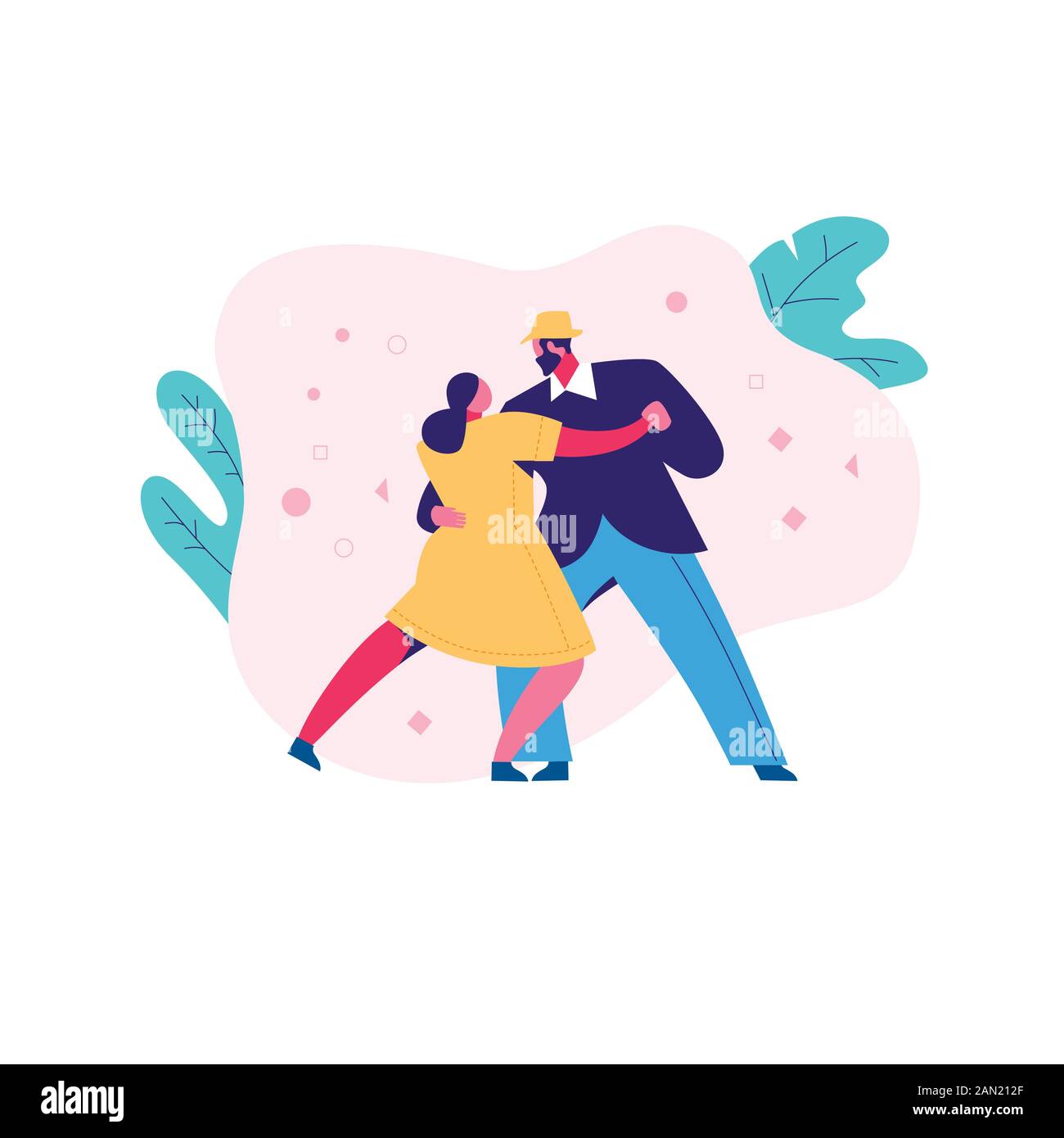 Danza romantica coppia donna e uomo all'aperto. Illustrazione Vettoriale