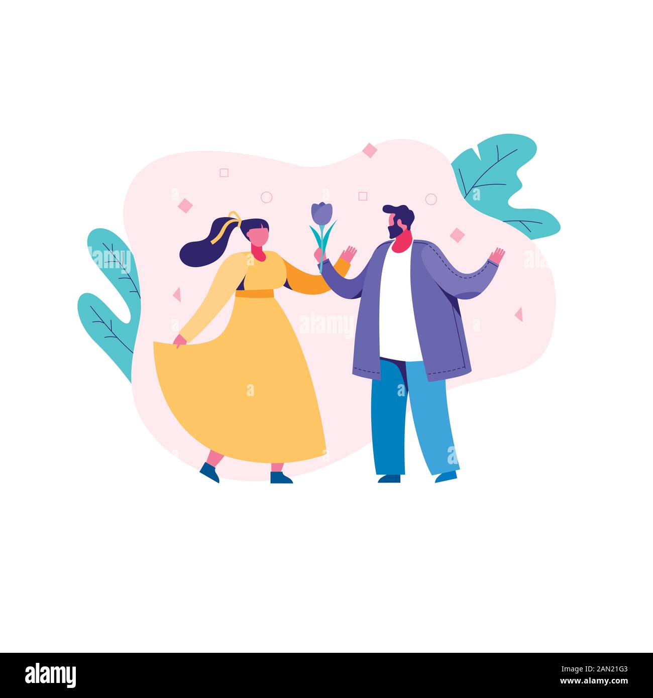 Cartone animato romantico uomo e donna all'aperto. Illustrazione Vettoriale