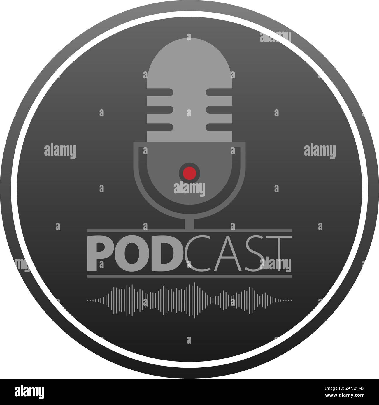 simbolo di podcasting con microfono e immagine vettoriale della forma d'onda audio, logo del concetto di registrazione podcast Illustrazione Vettoriale