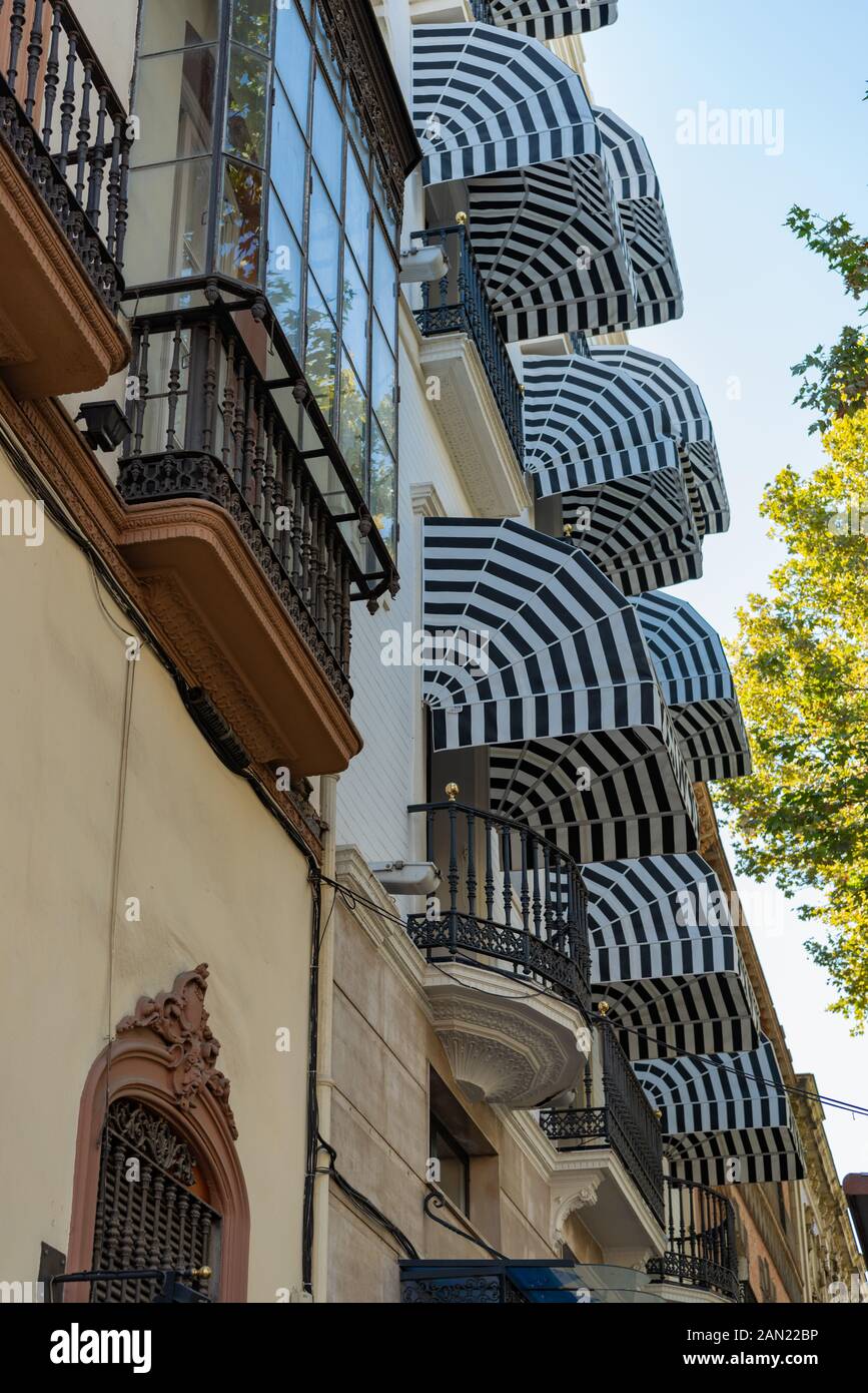 Tende blu e bianche si stendono lungo la facciata del Petit Palace Puerta de Triana Hotel in Calle Reyes Católicos, Siviglia Foto Stock