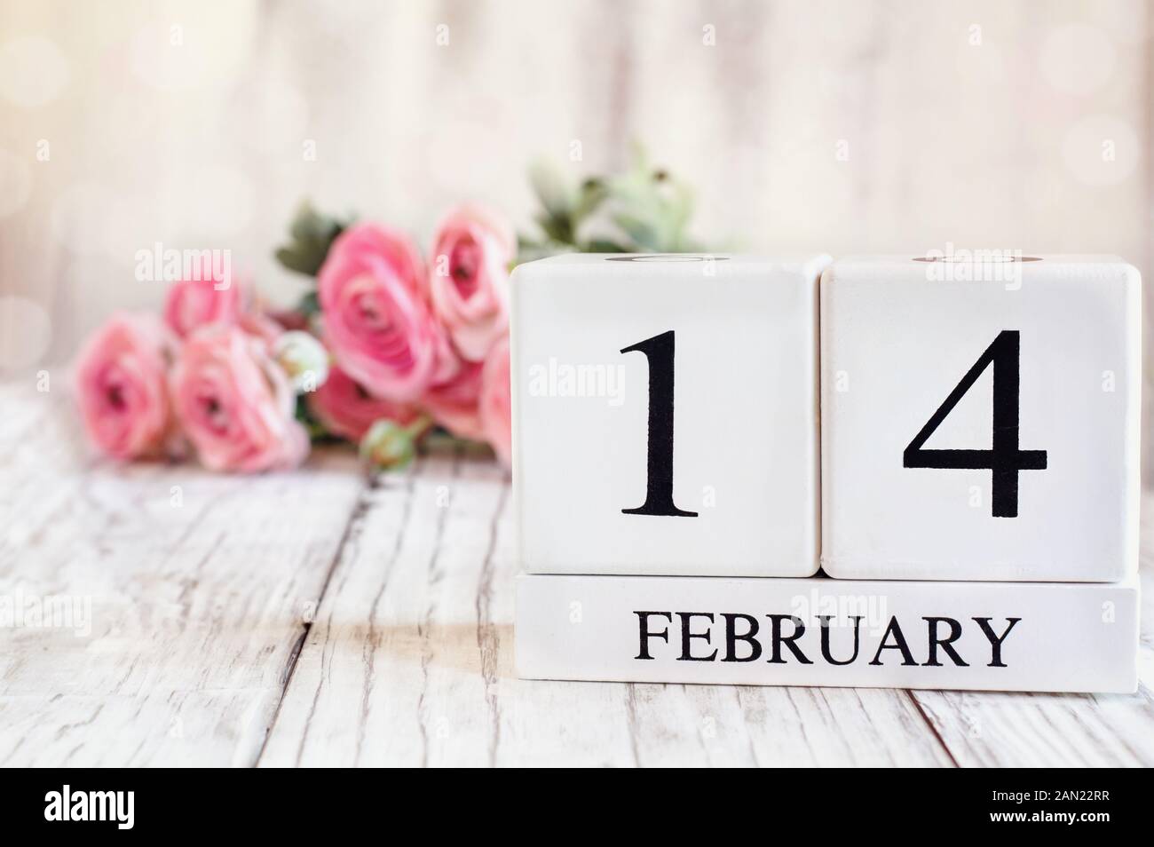Legno bianco blocchi del calendario con data febbraio 14 per il giorno di San Valentino. Messa a fuoco selettiva con il rosa ranunculus su un tavolo di legno. Foto Stock