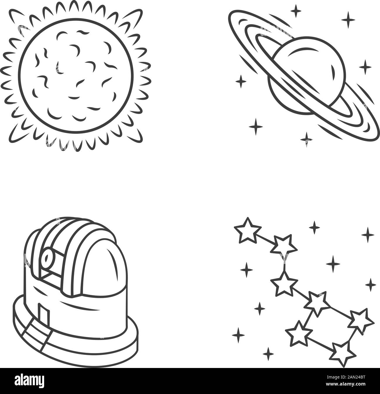 Set di icone lineari astronomiche. Esplorazione dello spazio. Sole, Saturno, osservatorio, costellazione. Astrofisica, astrologia. Simboli di contorno a linea sottile. Isolato v Illustrazione Vettoriale
