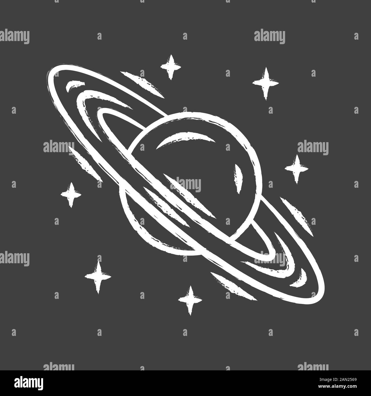 Icona gesso Saturno. Pianeta con anelli. Sesto pianeta dal gigante del gas del Sole. Scienza planetaria. Sistema solare. Esplorazione dello spazio. Oggetto celeste. Isolato Illustrazione Vettoriale