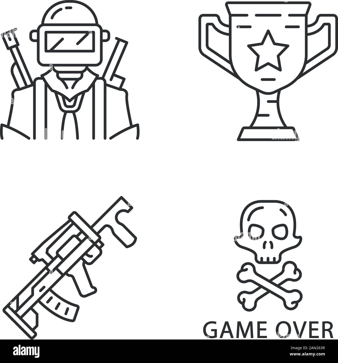 Gioco online inventario lineare icone set. ESport, attrezzature per cyber-sport. Soldato, tazza vincente, arma, game over. Simboli di contorno a linea sottile. Isolato v Illustrazione Vettoriale