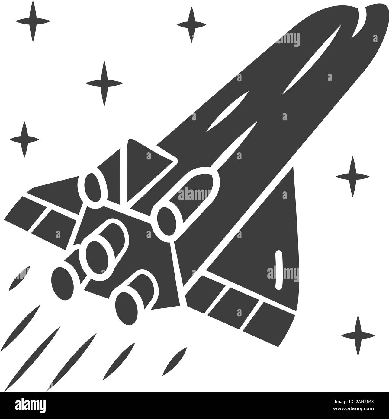 Icona glifo astronave. Veicolo spaziale volante. Veicolo aerospaziale. Missile, aereo. Luce spaziale umana. Esplorazione dello spazio. Simbolo di silhouette. Spazio negativo Illustrazione Vettoriale