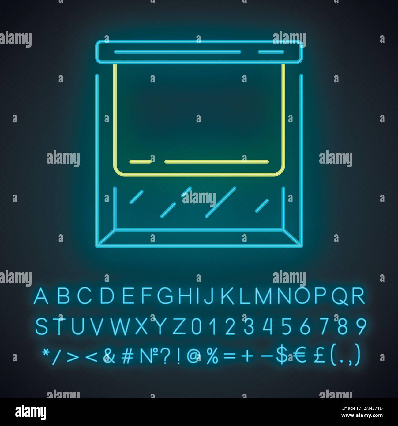 Icona della luce al neon con tonalità a rullo. Tendine parasole. Jalousie verticale. Trattamenti con oscuramento delle finestre. Accessori interni domestici. Segno incandescente con alfabeto, numb Illustrazione Vettoriale