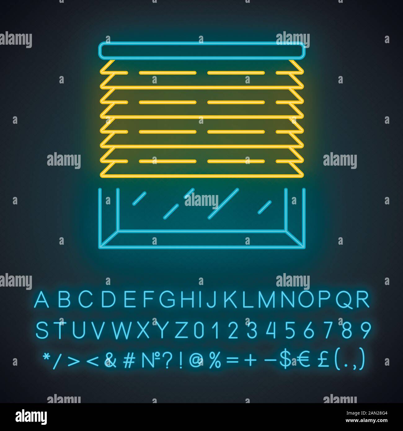 Tende veneziane icona neon. Casa e ufficio finestra jalousie. Design degli interni. Trattamenti finestra di oscuramento. Segno incandescente con alfabeto, numb Illustrazione Vettoriale