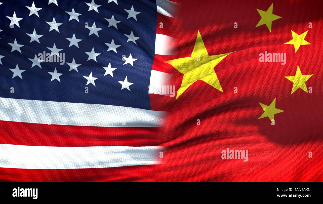 Stati Uniti e Cina bandiere sfondo, diplomatici e relazioni economiche Foto Stock