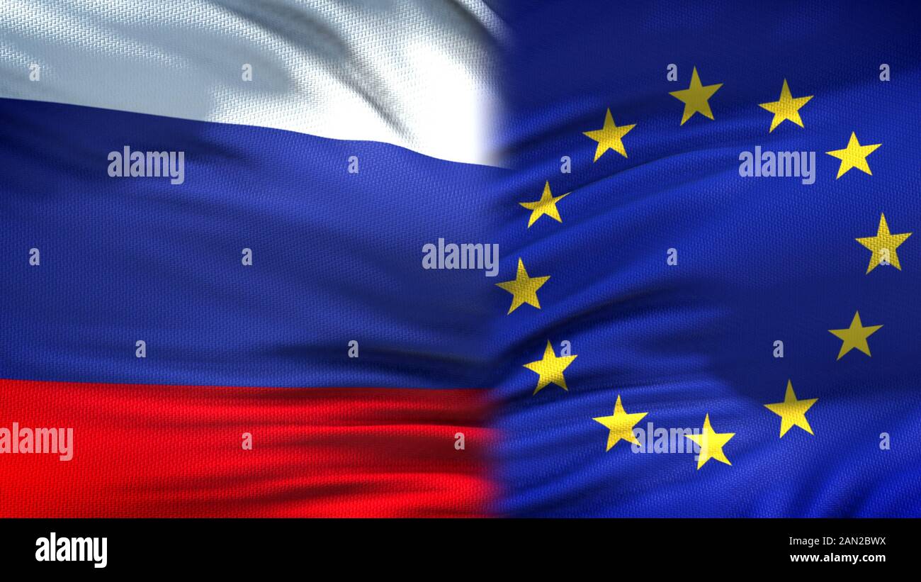 Russia e Unione europea bandiere sfondo, diplomatici e relazioni economiche Foto Stock