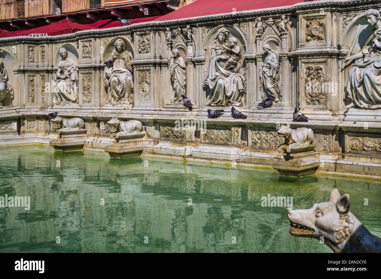 Fontana Gaia a Piazza del campo, una fontana monumentale con rilievi e statue dell'Antico Testamento e lupi d'acqua, Siena, Toscana, Italia Foto Stock