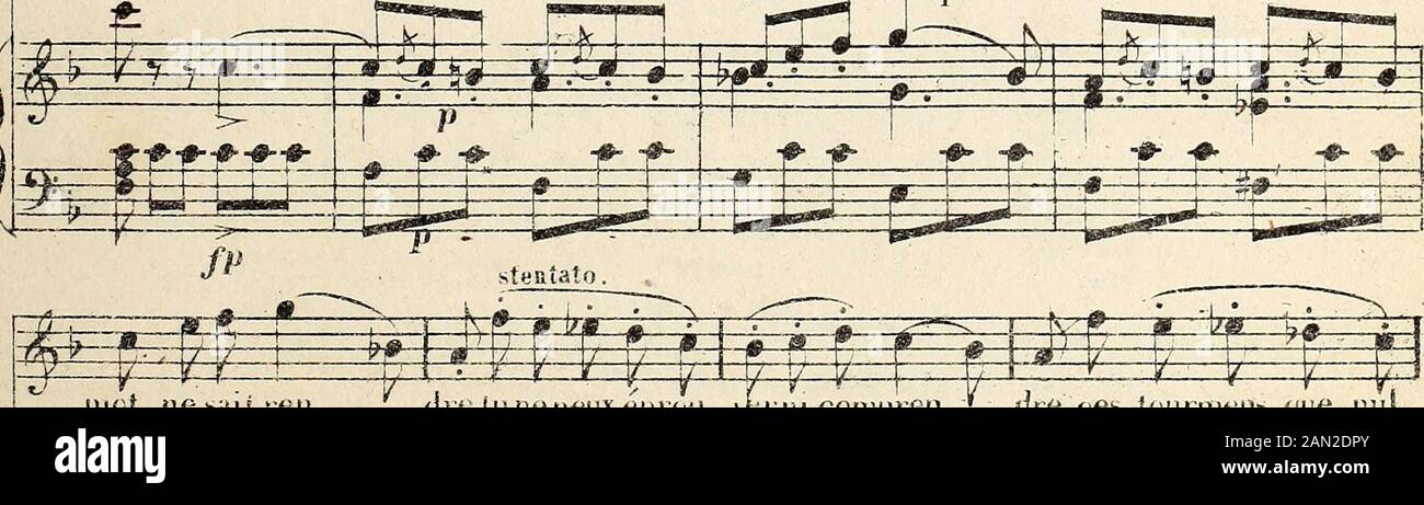 Les Huguenots : opéra en cinq actes . 2 i? Doux è ^vk- ss g^Fgg ^t^S* g i f y[ ! H^ff -ff-4=j» ? RTT ryF cœurs, ah! tu ne peu! e prou ver ni compten saccade. P die ces louiueuuciuenul 35 s î ma ± pr z£=£ on me dt sail que la femme. Mot nesaii ren ??? - (é. ? U, Q € dve,lu ne peux eprou   verni comprenlie n- £fce , dre ces tourmeiïs (jtie njuf 4^^ 4 ÏE£ ,-g -SJZt £li/ ^ ^ g  fciftE3^ :r. ^ q^  & yy ^ * lœiiaussi faux que son aime5mais sa ari &lt;Uur.&lt;;Hle ffam   mènent loul droiUùent foui V*. ! Foto Stock