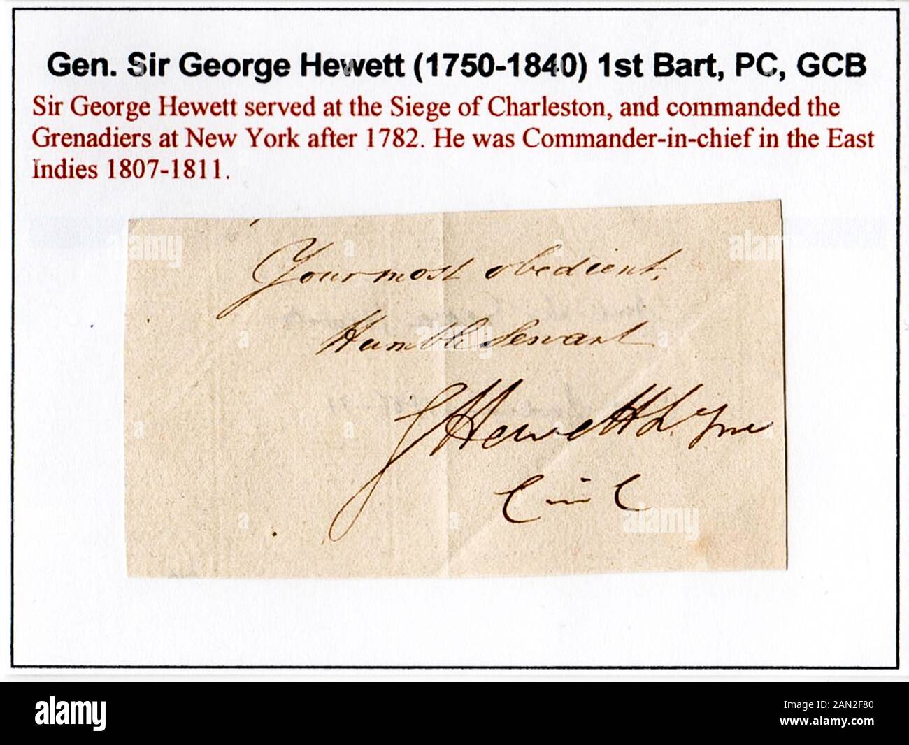 Firma del generale Sir George Hewett, 1° Baronet (1750-1840), il Comandante in Capo, India e Comandante in Capo, Irlanda Foto Stock