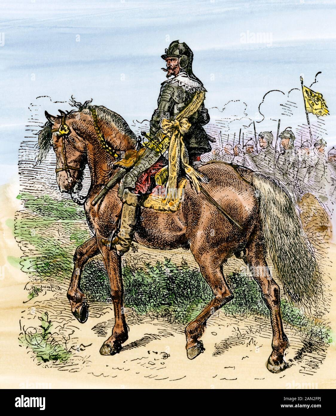 Nuovo conquistador del mondo Alonso de Ojeda a cavallo. Taglio di legno colorato a mano Foto Stock