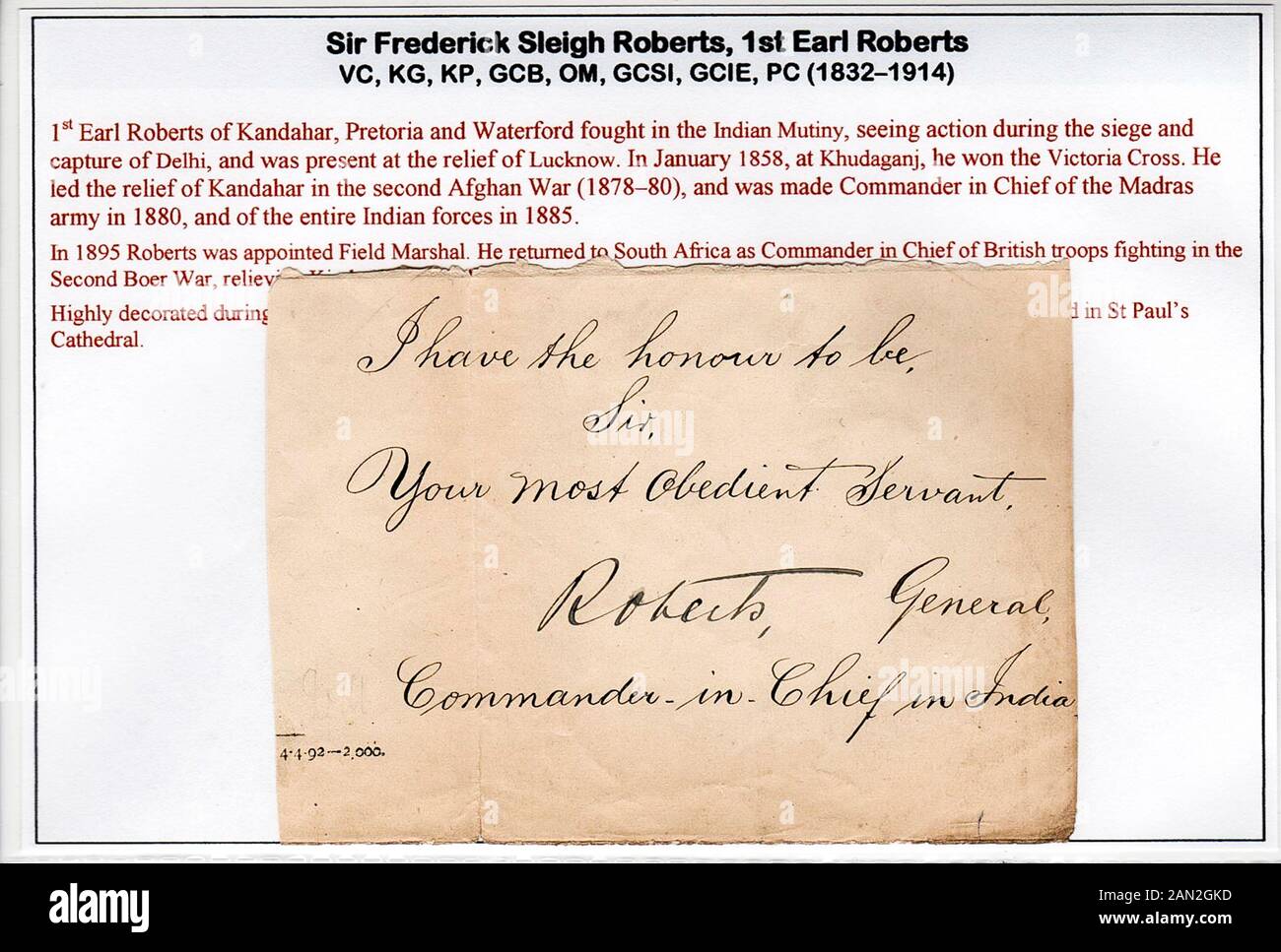 Firma del maresciallo di campo Frederick Sleigh Roberts, primo Earl Roberts, VC, (1832-1914) Foto Stock