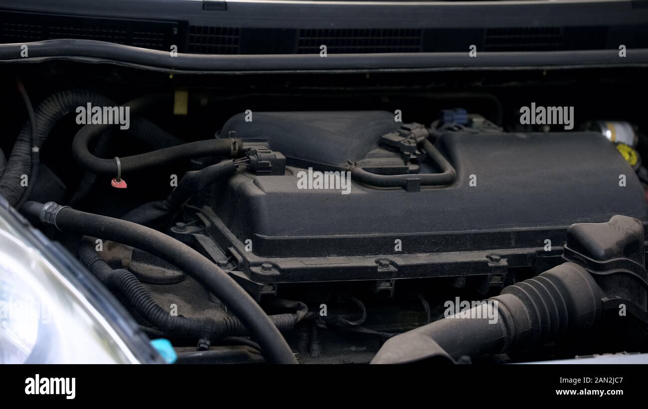 Aprire il cofano di auto, il motore del veicolo e la potenza, diagnostica automobilistica closeup Foto Stock