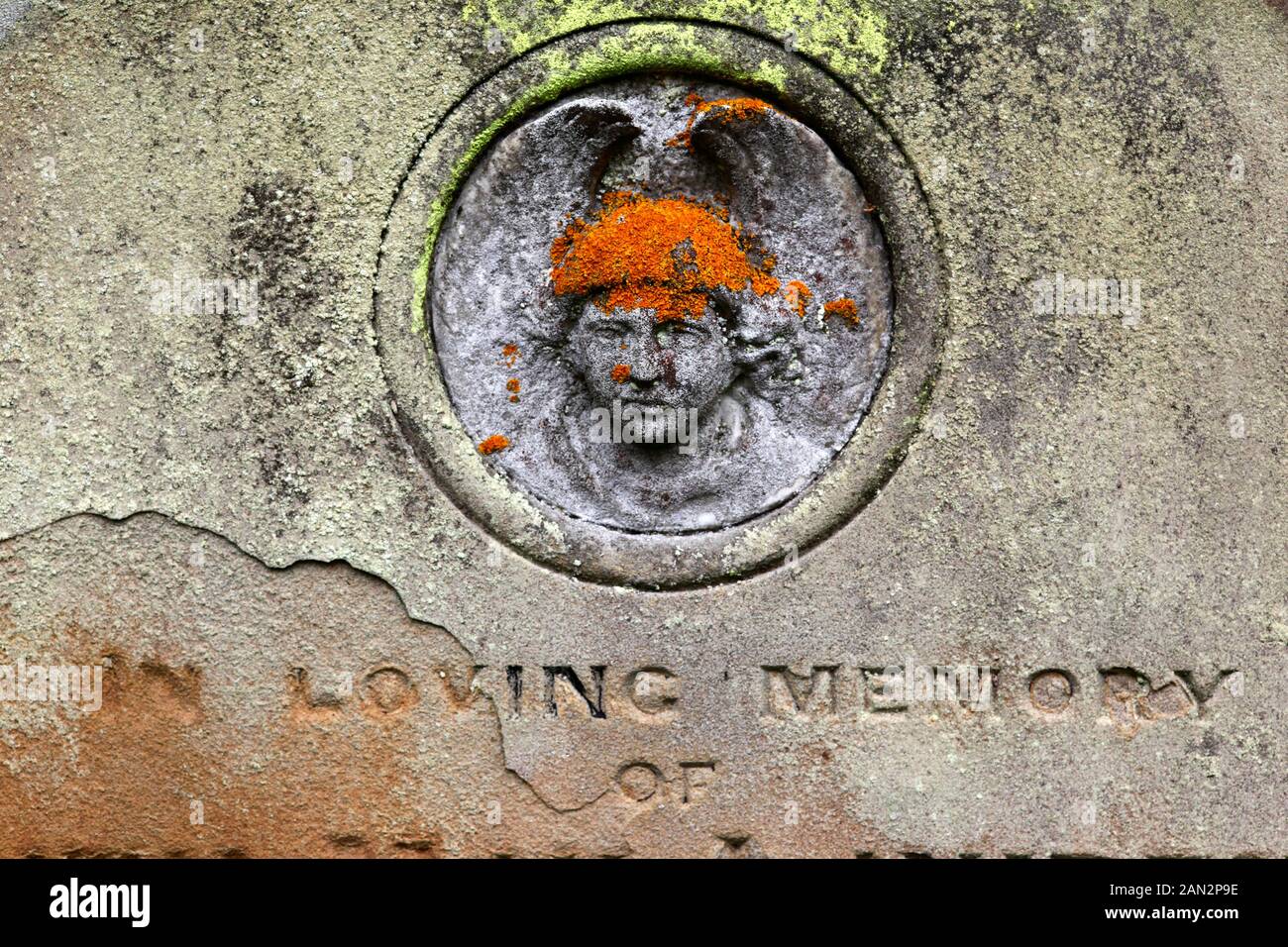 Particolare di lapide con facciata in pietra scolpita e lichen arancio 'capelli' nel cimitero della vecchia chiesa parrocchiale di San Pietro, Pembury, Kent, Inghilterra Foto Stock