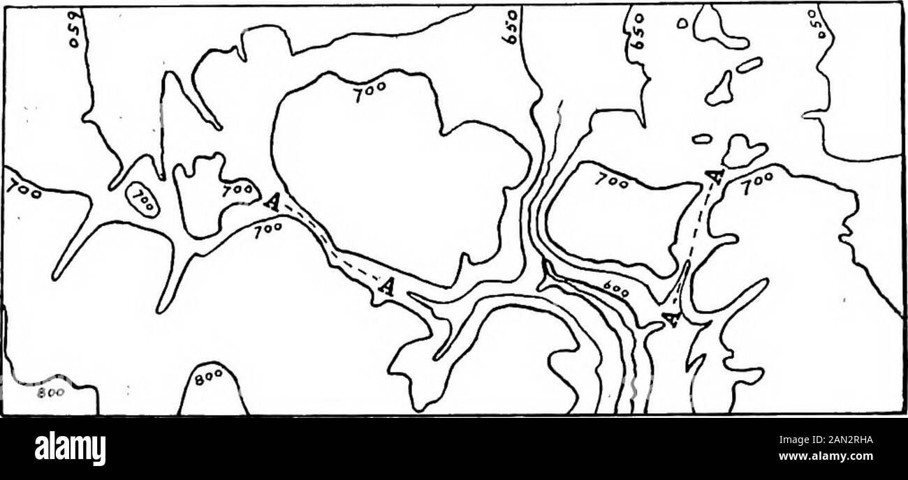 Mappe geologiche e topografiche, loro interpretazione e uso, un manuale per il geologo e l'ingegnere civile. Si può dare un'idea di solidità che rende il tema quasi uguale ad un modello di sollievo. L'importanza di una buona mappa modellata scopi geologici non può essere sovrastimata; la forma del terreno come indicato dai contorni dà spesso valiableindicazioni della sua struttura fisica, mentre in tutte le questioni legate allo sviluppo e alla cattura del fiume, e con glaciallakes e i loro canali di overflow, è quasi indispensabile. MAPPE topografiche 11 la mappa di schizzo che forma la Fig. Foto Stock