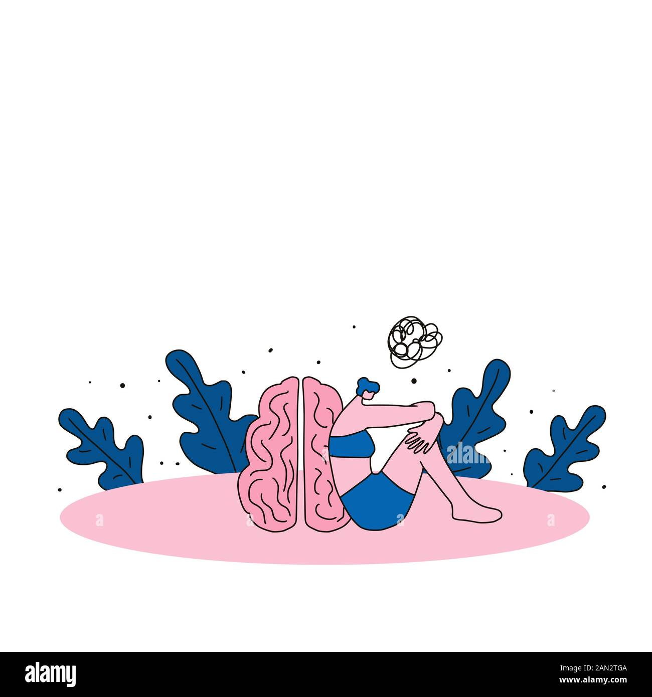 Disodio mentale. Questioni psicologiche. Giovane seduto sul pavimento e pensando vicino al cervello enorme. Donna che soffre di problemi di comportamento-disorde. Ch Illustrazione Vettoriale
