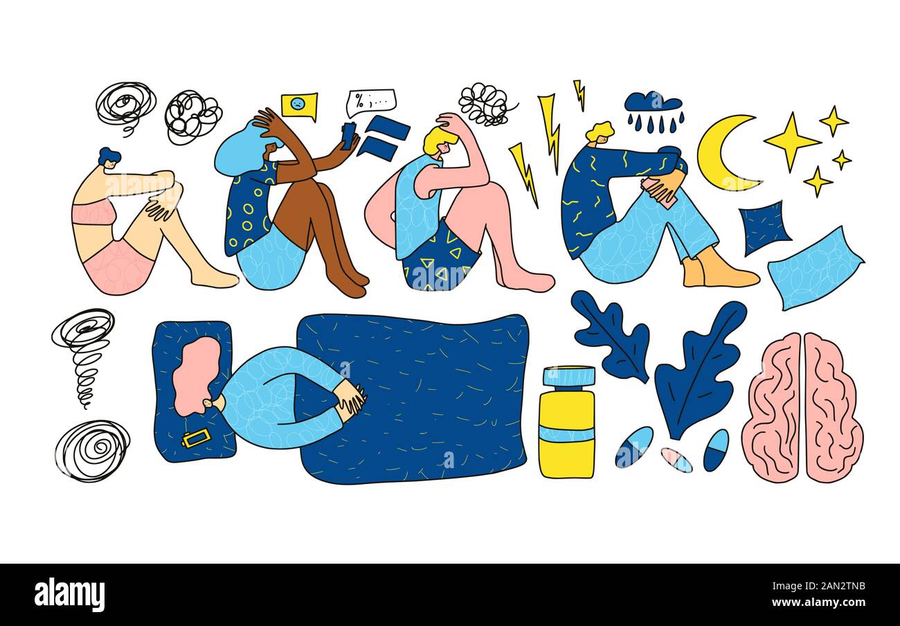 Disturbi mentali. Raccolta di persone con problemi psicologici. Persone stanche con problemi diversi isolato su sfondo bianco. Uomini e cazzoni Illustrazione Vettoriale