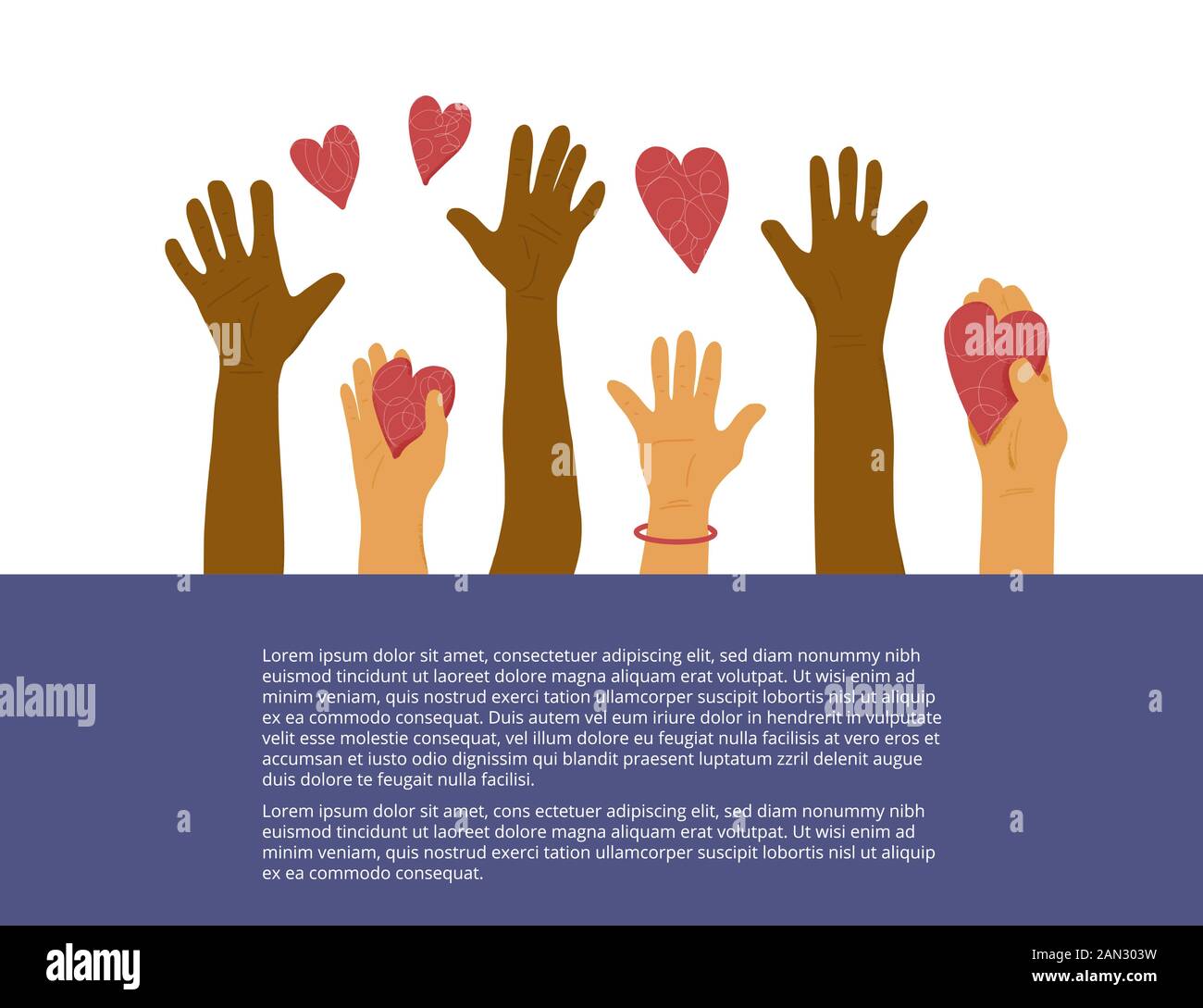 Volontari banner modello. Diverse mani con cuore aiutare simboli. Illustrazione del vettore. Illustrazione Vettoriale