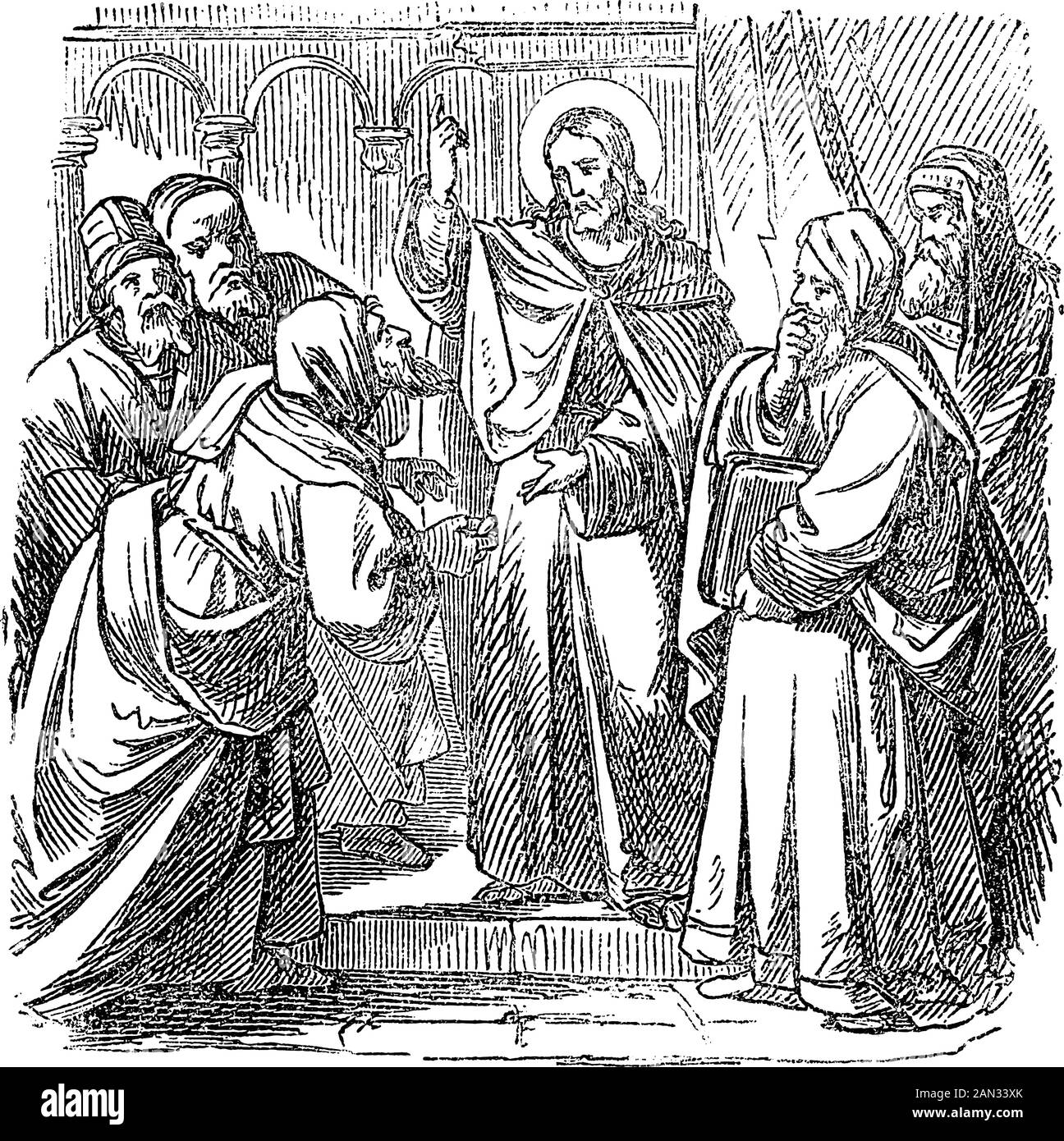 Disegno o incisione d'epoca della storia biblica di Gesù che parla con sacerdoti e insegnanti nel tempio di Gerusalemme della sua autorità.Bibbia, nuovo Testamento, Luca 20. Biblische Geschichte , Germania 1859. Illustrazione Vettoriale