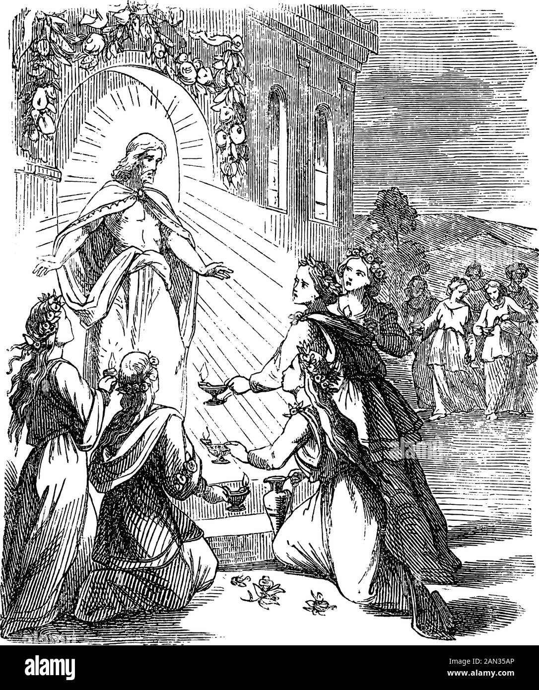 Vintage disegno o incisione della storia biblica di Gesù e parabola delle dieci vergini con lamps.Five saggio con olio, cinque stolti senza.Bibbia, nuovo Testamento, Matteo 25. Biblische Geschichte , Germania 1859. Illustrazione Vettoriale