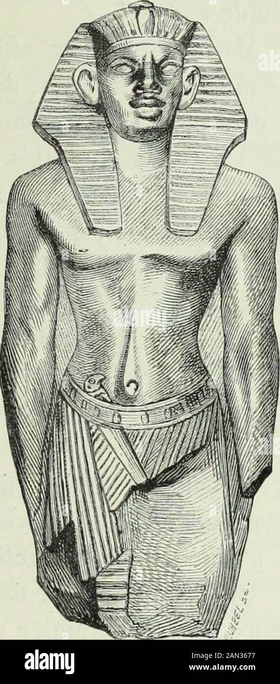 Histoire de l'art dans l'antiquité: Égypte, Assirie, Perse, Asie Mineure, Grece, Etrurie, Rome . s de pécheurs que jy ai retruvés suul aussi ceuxqui ont envoyé au Fayum le fragment vigoreux que nous avons sousles yeux. » Enfin Devéria et de Rongé ont suggestéré lidée de reconnaître un ou-vrage de la même école dans une statuette en basalte vert, brisée parle bas, qui apartient au Louvre (fig. 168). ILS y signalent les mêmescaractères de race et le même air de RU-desse farouche dans les Ritratti du visage;osservatore di font ils en même temps quici,comme dans les sfinx de Tanis, le corpsannonce un tr Foto Stock