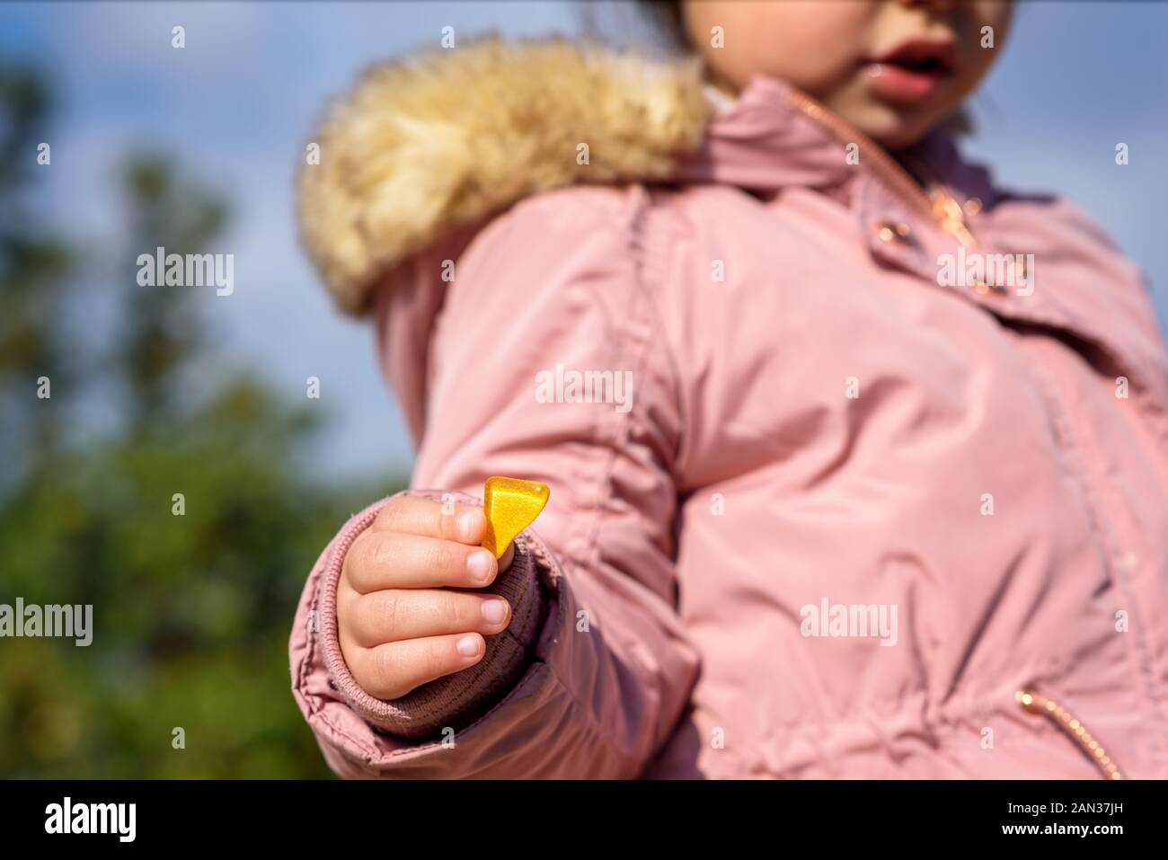 Bambina rockhounding holding magico cristallo giallo durante l ora d'oro del tramonto. Foto Stock