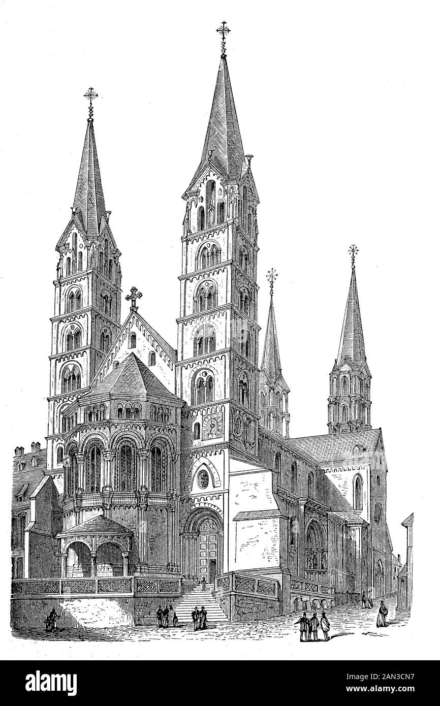Bamberg Cathedral, Bamberger Dom, nome ufficiale Bamberger Dom St. Peter und St. Georg, una chiesa a Bamberg, Germania, completata nel 13th secolo. La cattedrale è sotto l'amministrazione della Chiesa Cattolica Romana ed è sede dell'Arcivescovo di Bamberg, / Bamberger Dom, offizieller Nome Bamberger Dom Die Kirche St. Peter und St. Georg in Bamberg wurde im 13. Jahrhundert fertiggestellt. Der Dom steht unter der Verwaltung der römisch-katholischen Kirche und ist Sitz des Erzbischofs von Bamberg, Bayern, Deutschland, Historisch, riproduzione digitale migliorata di un originale dal Foto Stock