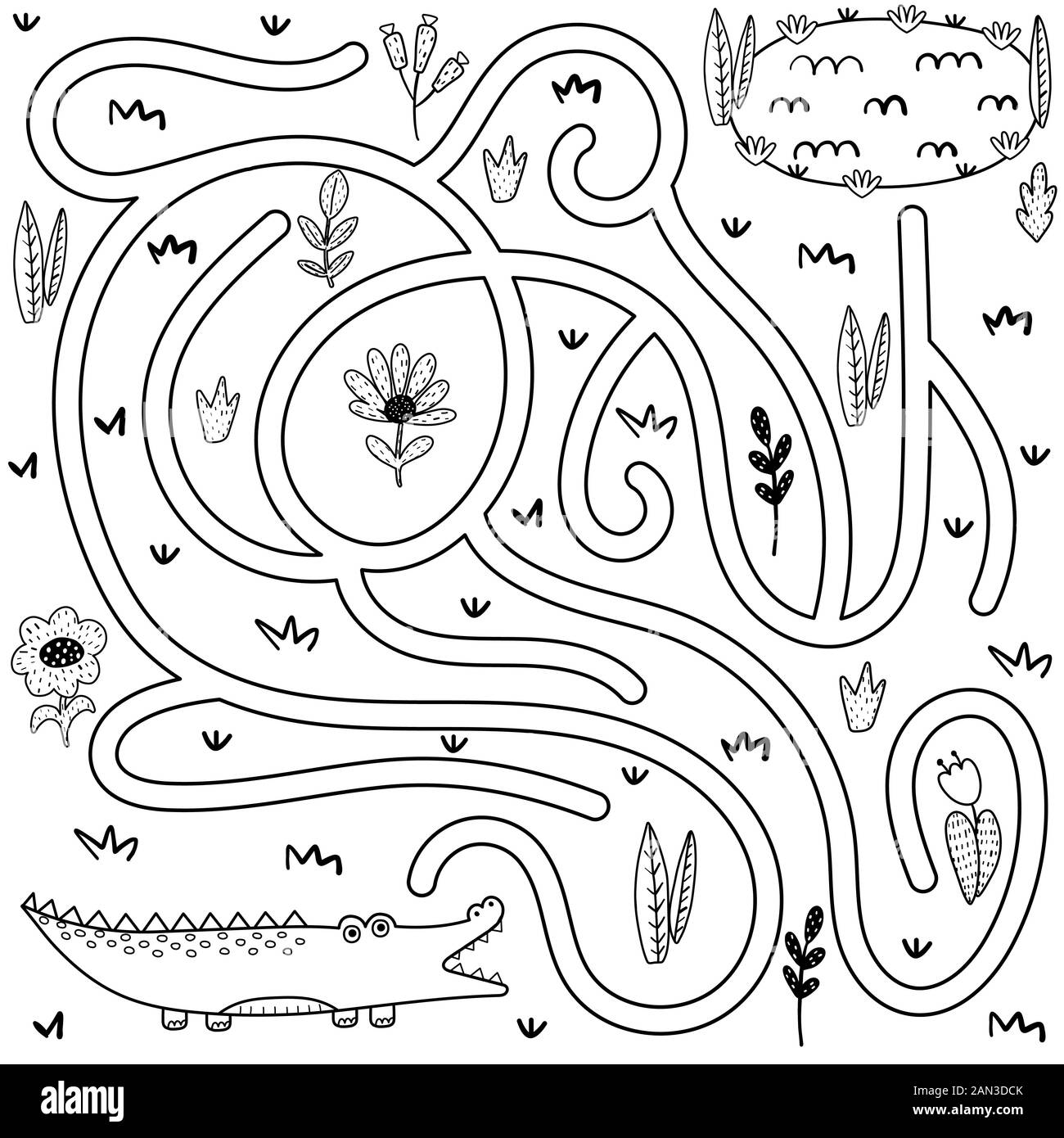 Gioco labirinto bianco e nero per bambini. Aiuta il coccodrillo a trovare la strada per il fiume Illustrazione Vettoriale