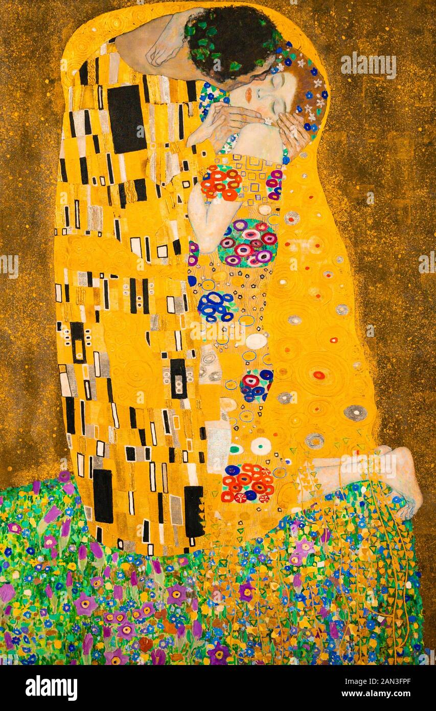Il bacio (amanti). Olio e foglia oro su tela. 1907/1908. Dagli austriaci pittore simbolista Gustav Klimt. Museo Belvedere, Vienna, Austria. Foto Stock