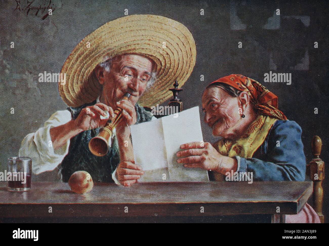 Una vecchia coppia che fa musica a casa, suona il flauto e sua moglie