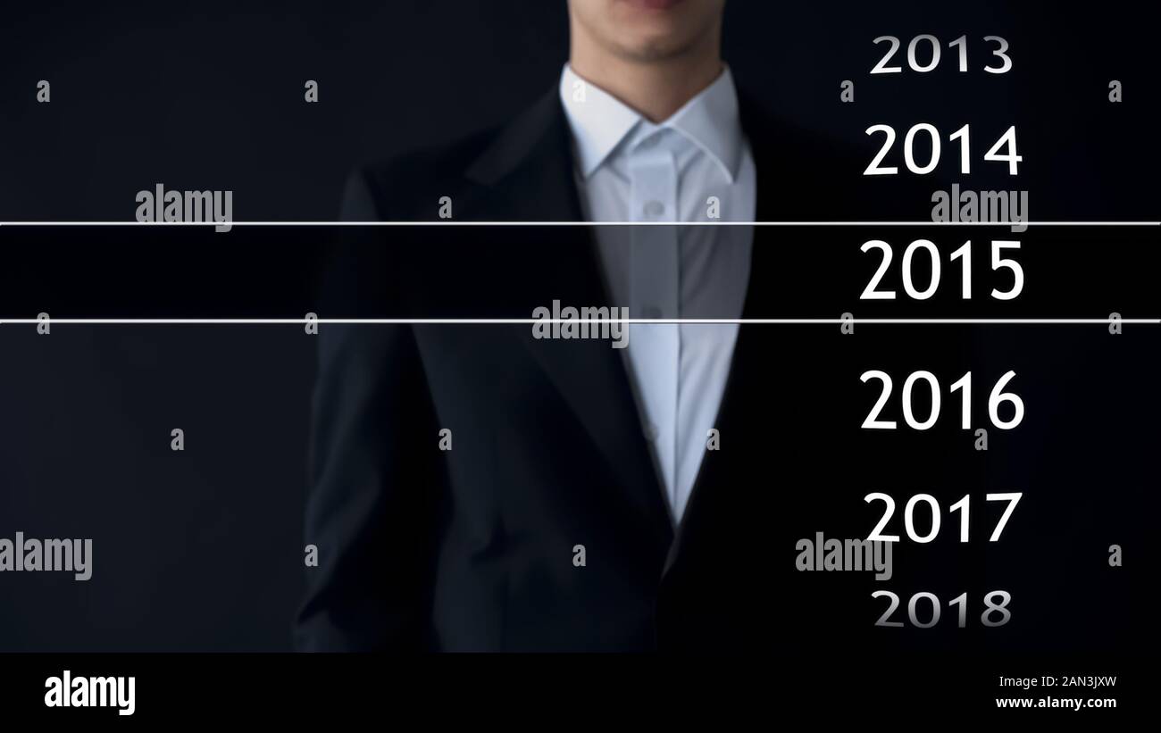 Imprenditore seleziona 2015 anno nel menu virtuale, ricerca di dati, business history Foto Stock
