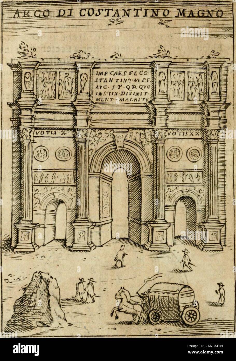 Ritratto di Roma antica : nel qvale sono figliati i principi tempij, theiri, anfiteatri, cerchi, naumachie, archi trionfali, curie, basiliche, colonne, Ordine del trionfo, dignita milari, e ciuili, riti cerimonie, & altre notabili : Aggiuntori di nuouo le vite, & effigie de' primi rè di essa, e le grandezze dell'Imperio Romano, con l'esplicationi istoriche de' piu celebrri antiquarij . ZieU 17» ROMA. LeltArco di Cofiantino Magno i NEI principio della Via Appia, diuifa da vna bandadal Monte Celio, dallaltra dal Auentino, fi vedel*Arco dì Coftantino Imperadore . Faceiiaoo gliArchii P.oma Foto Stock