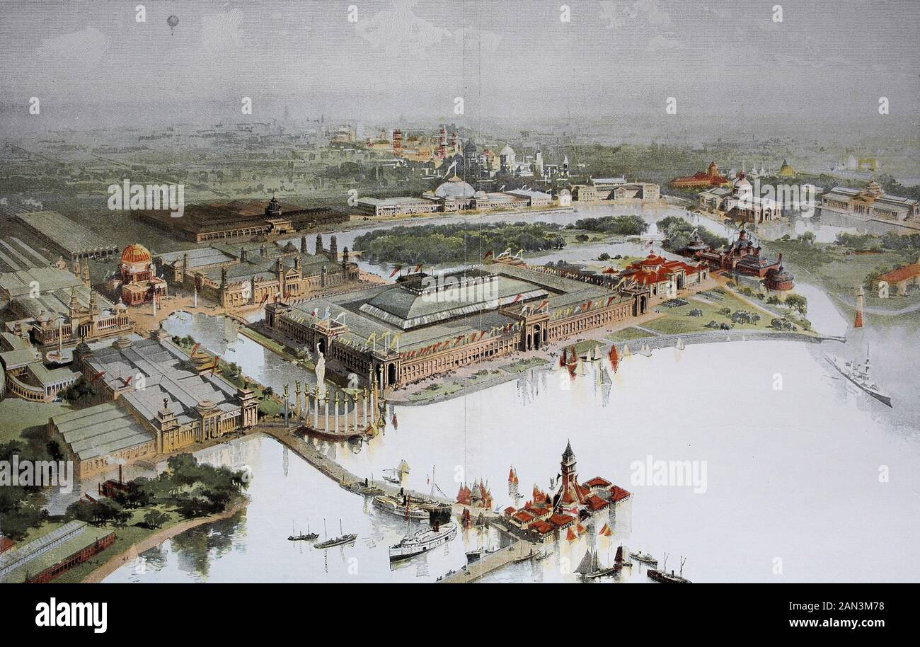 La World's Columbian Exposition, la Chicago World's Fair e la Chicago Columbian Exposition, fiera mondiale tenutasi a Chicago nel 1893, / Die Weltausstellung a Kolumbien, die Chicago World Fair und die Chicago Columbian Exposition, eine Weltausstellung, die 1893 a Chicago stattfand, Historisch, Riproduzione digitale migliorata di un originale del 19th secolo / digitale Reproduktion einer Originalvorlage aus dem 19. Jahrhundert Foto Stock