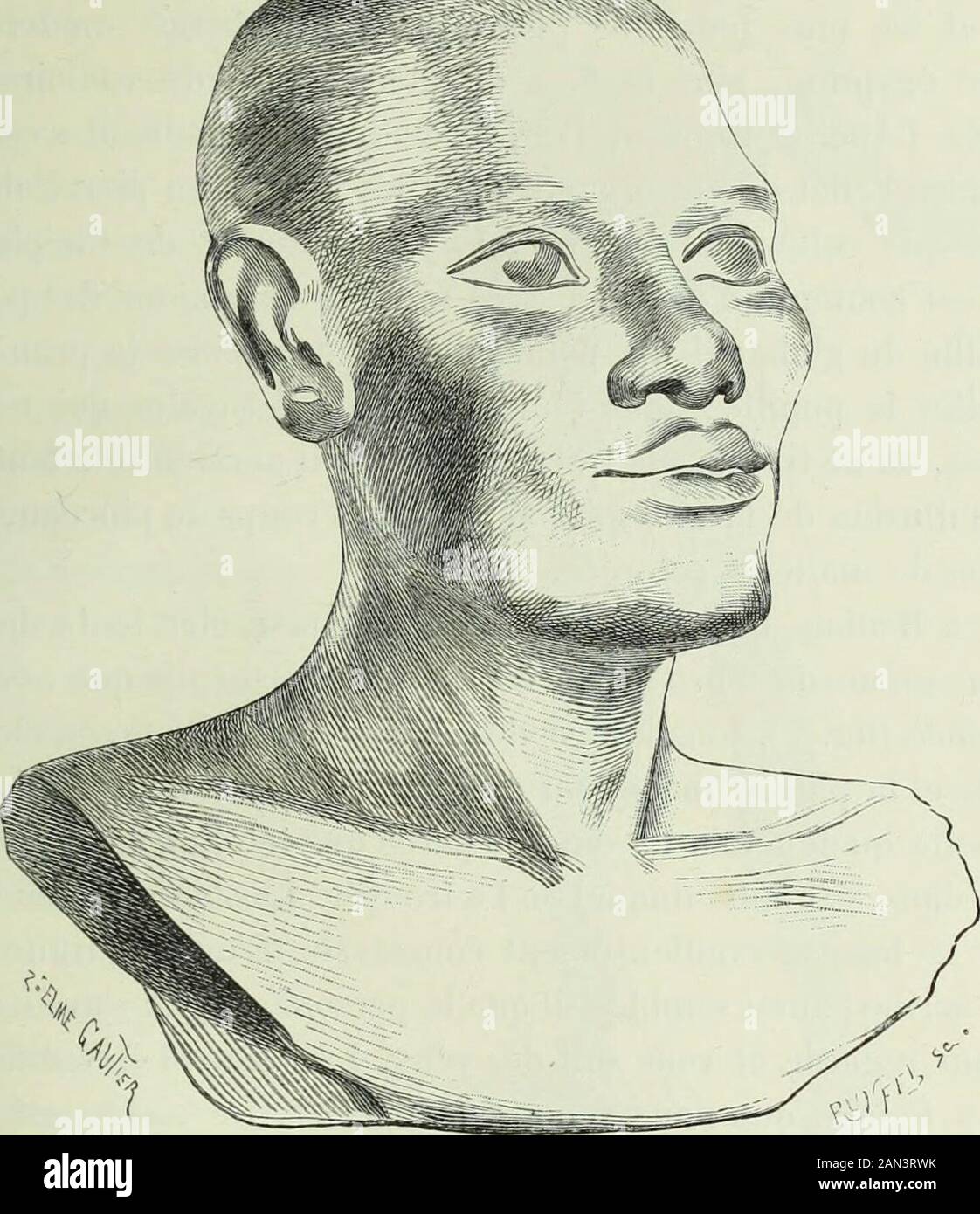 Histoire de l'art dans l'antiquité: Égypte, Assirie, Perse, Asie Mineure, Grece, Etrurie, Roma . :ee LA SCULPTURE SOUS LANCIEN EMPIRE 647 Ce qui, dans cotte figura, frittelle più indiffusérents, cest surtoutleffet singulier du regard. Cel effet a été obtenu par une combinaisontrès habile. « Dans un morceau de quartz blanc opachi est crustéeune prunelle de cristal de roche bien transparent, au centre de laquelleest planté un petit bouton métallique. Tout lœil est enchâssé dans unefeuille de bronze qui remplace les paupières et les cils1. ». 432. Tête en calcaire. Louvre. Dessin De Saint-Elm Foto Stock