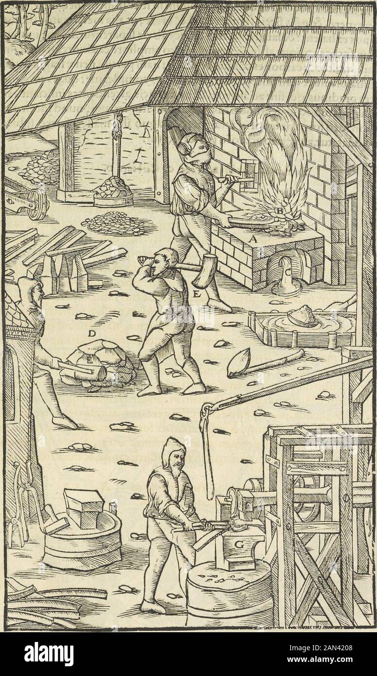 Georgii agricole De re metallica : libri XIIQuibus officia, strumententa, machinae, ac omnia deni[que] ad metallicam spectantia, non modo lupulentissimè describuntur, sed & per effigies, suis locis infertas, adiunctis latinis, germanicis [que] appellationbus ita ocutur unint lout sexus; Eiusdem De animantibus subterraneis liber, . s ferreus,ab axis,quem uerfat rota,dentibus fublatus,diffipetur: Attamen non multo poft forcipibus fublata, 8c eidem malleo fubiecla acuto in ferro partes quatuor,quinqj,uel fex, protit mageraut, faunqueuer Foto Stock