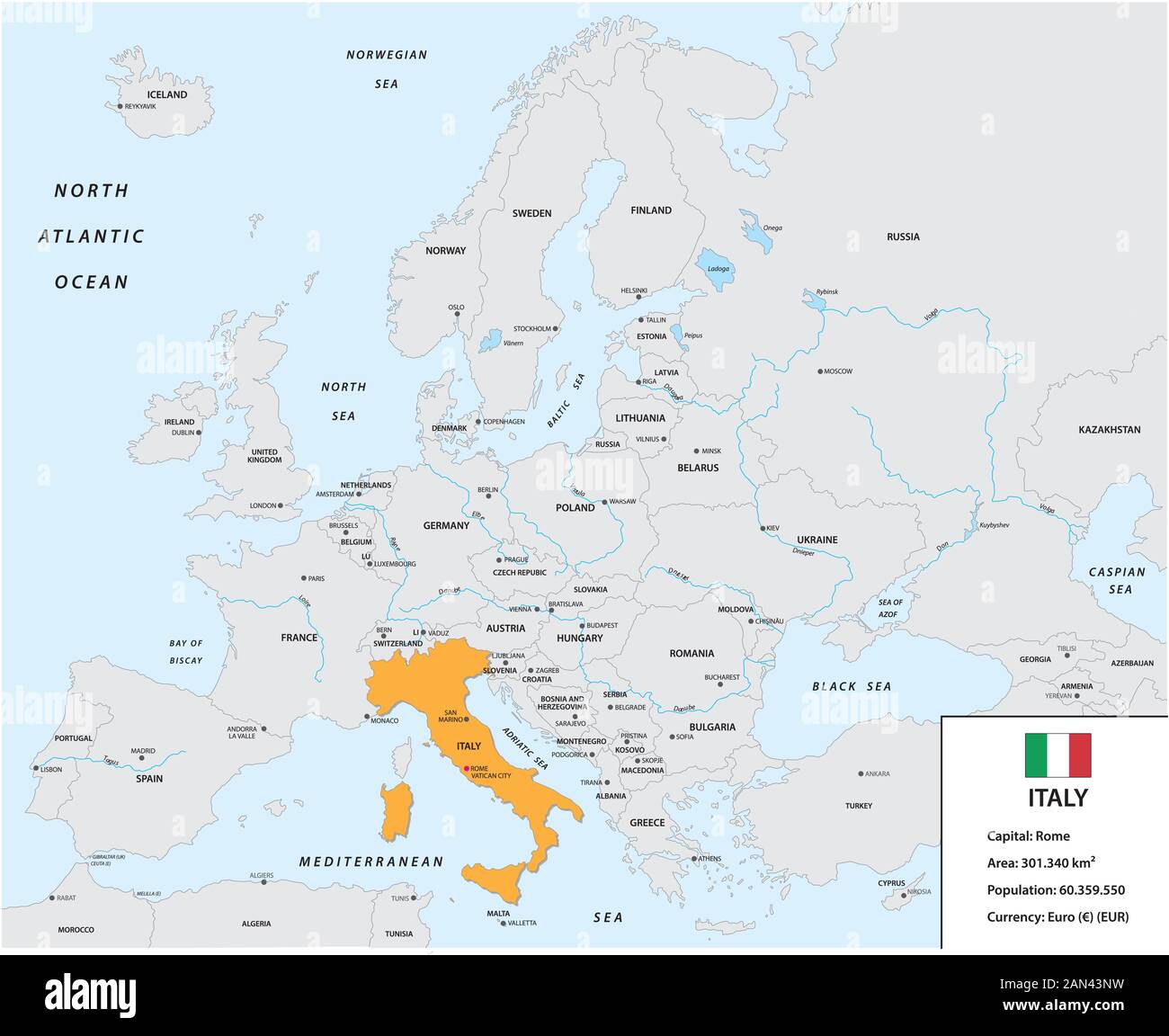 Posizione dell'Italia nel continente europeo con piccola bandiera e casella di informazioni Illustrazione Vettoriale