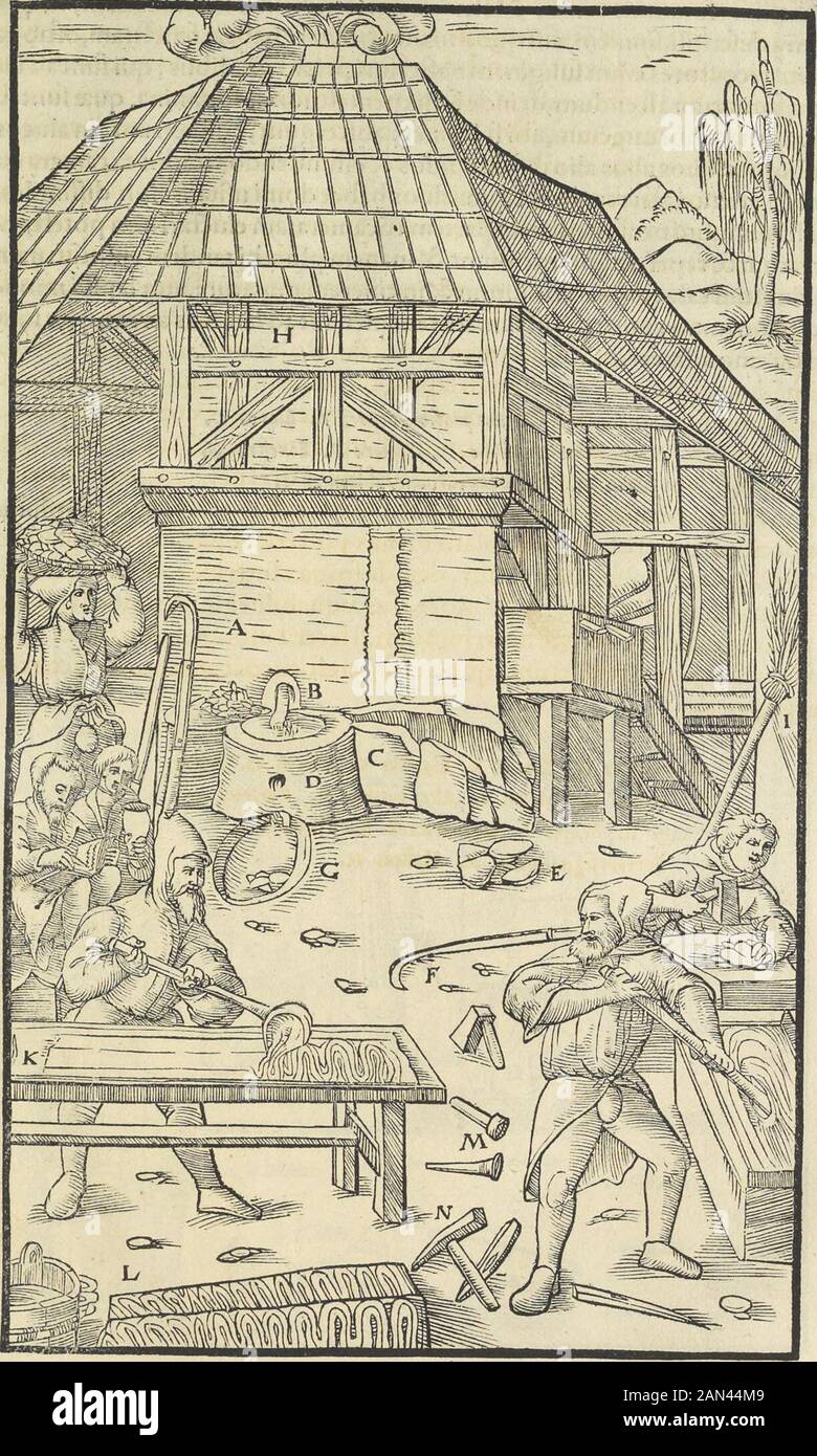 Georgii agricole De re metallica : libri XIIQuibus officia, strumententa, machinae, ac omnia deni[que] ad metallicam spectantia, non modo luculentissimeÌ describuntur, sed & per effigies, suis locis infertas, adiunctis latinis, germanicis [que] appellationibus ita ob oculos ponuntur, no clariint. alterius canalis lauetur: ue*rum plumbi guttas & femiliquati lapilli, quos lutum & lapides ^ quibus in*cruftanturfornaces,combiberunt,atqj reliquia: lubi, ex lutropq? catino ex*empti,fimul cumlapfllis excoquantur. Cim autem lapillinigr Foto Stock